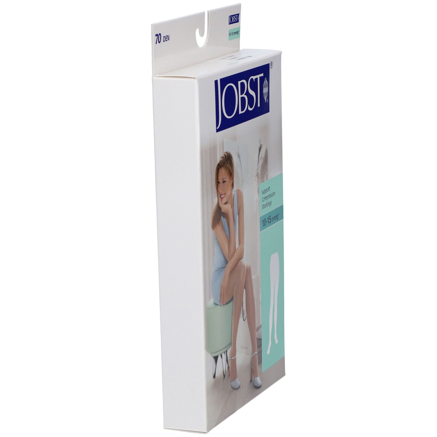Confezione laterale di JOBST Collant Velato 70 Den, Vison. Scritta: 10-15 mmHg, calze a compressione. Donna seduta.