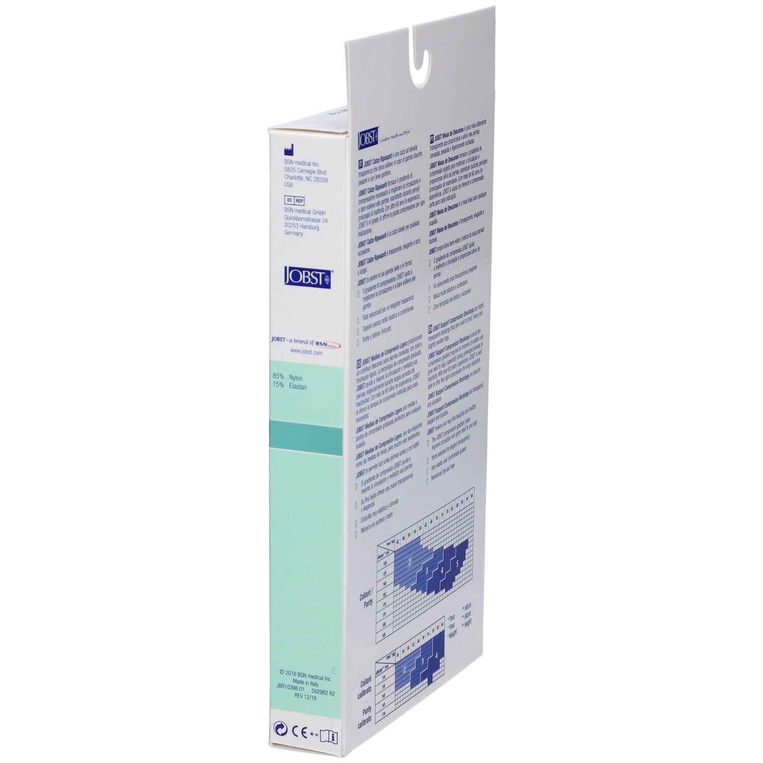 Lato della confezione JOBST Collant Velato. Informazioni multilingue. Tabella taglie. Informazioni prodotto.