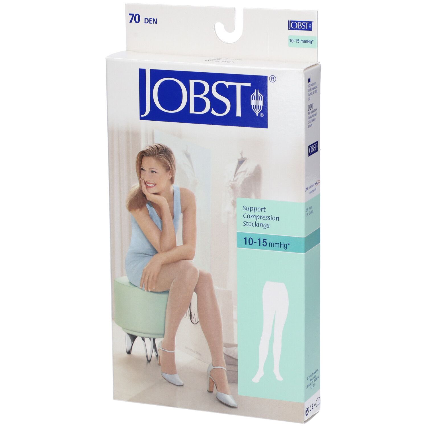 Confezione di calze a compressione JOBST. Scritta: 70 den, 10-15 mmHg. Donna seduta, calze indossate.