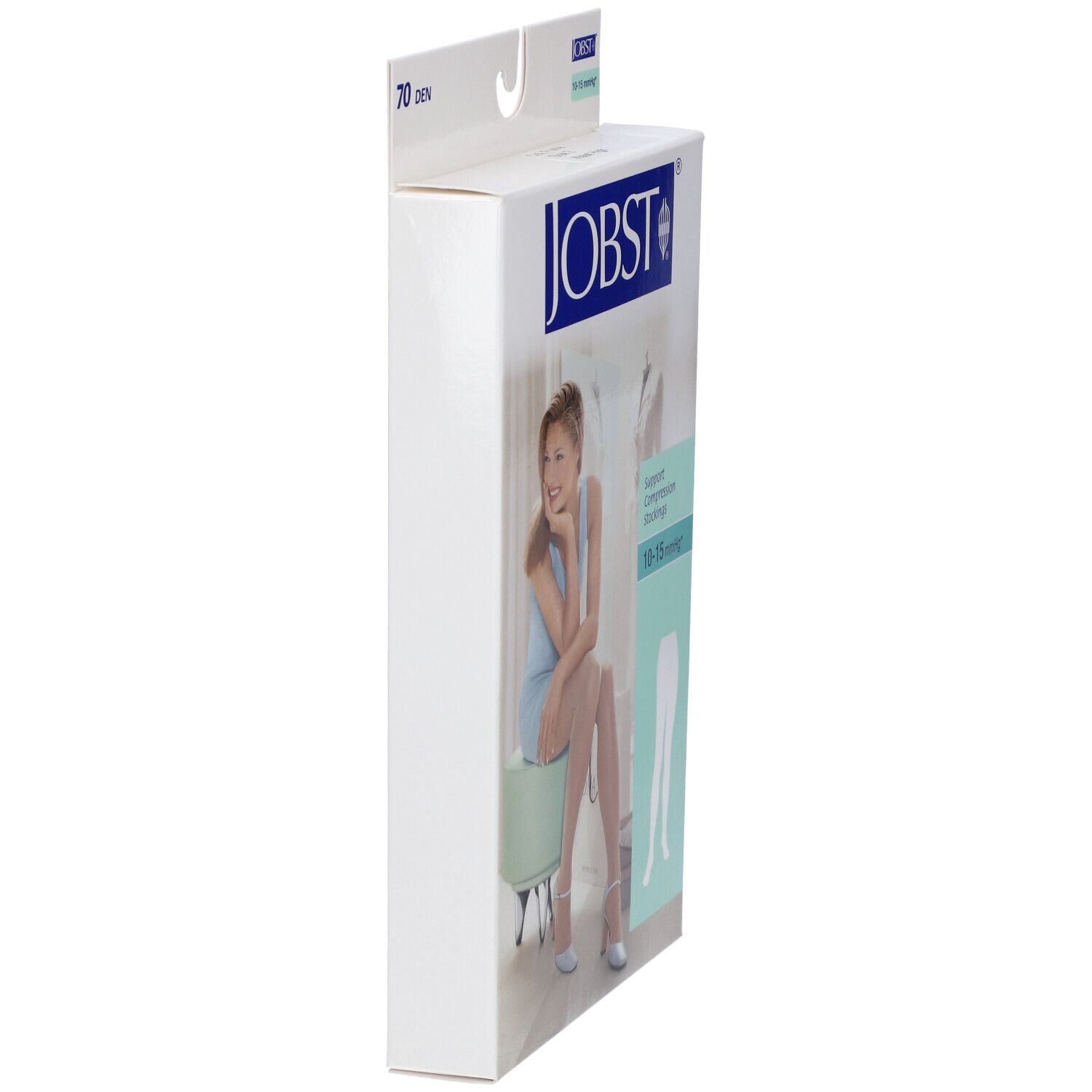Vista laterale della confezione JOBST. Scritta: 70 den, logo JOBST, donna su sgabello, illustrazione calze.