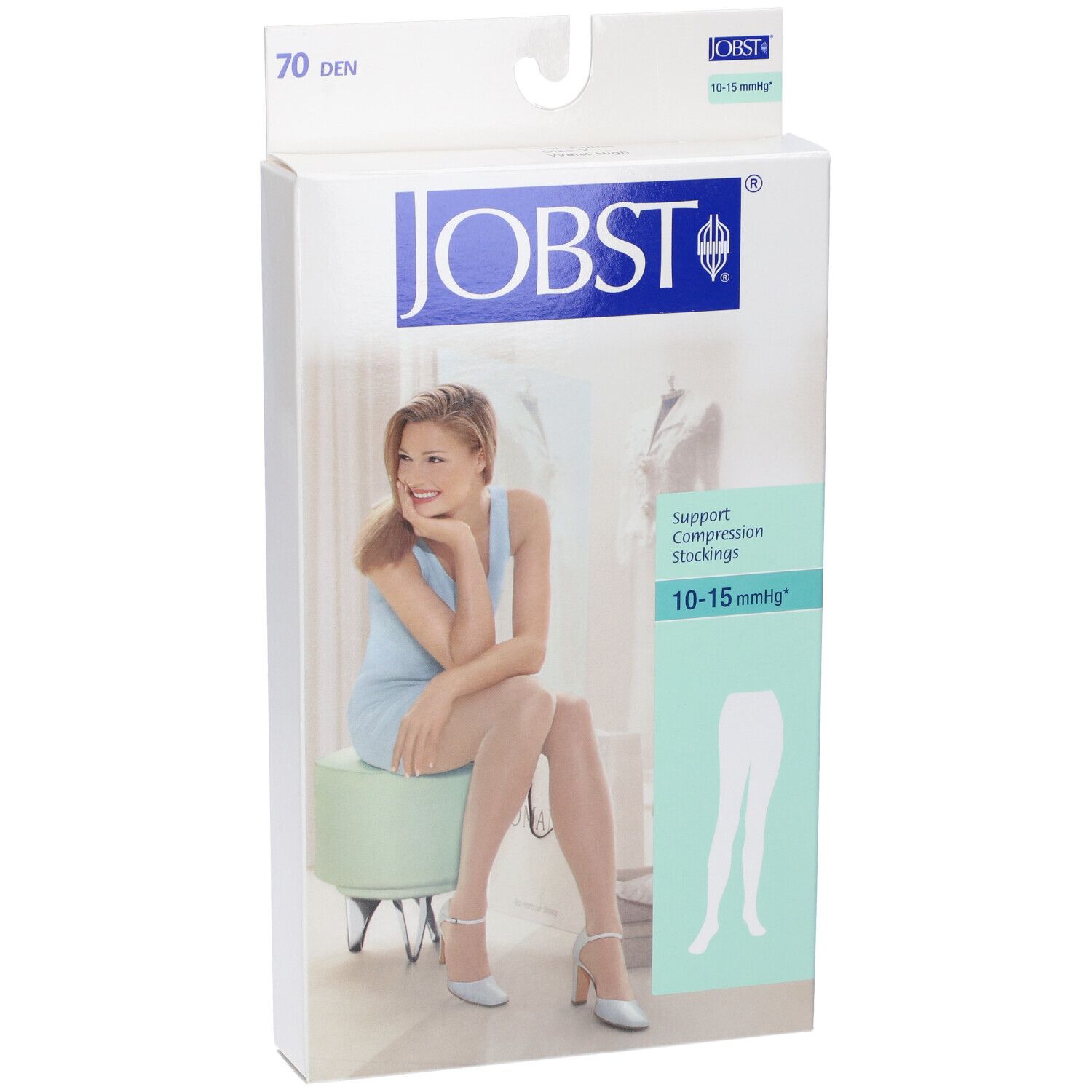 Confezione JOBST. Scritta: 70 den, 10-15 mmHg, logo. Donna seduta, calze indossate.