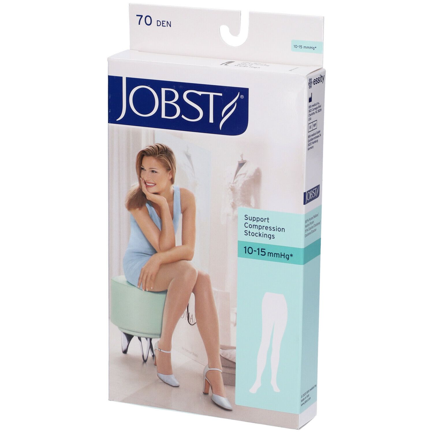 Jobst Collant Velato 70Den Noir Misura 2. Confezione con donna, illustrazione calze e informazioni prodotto.