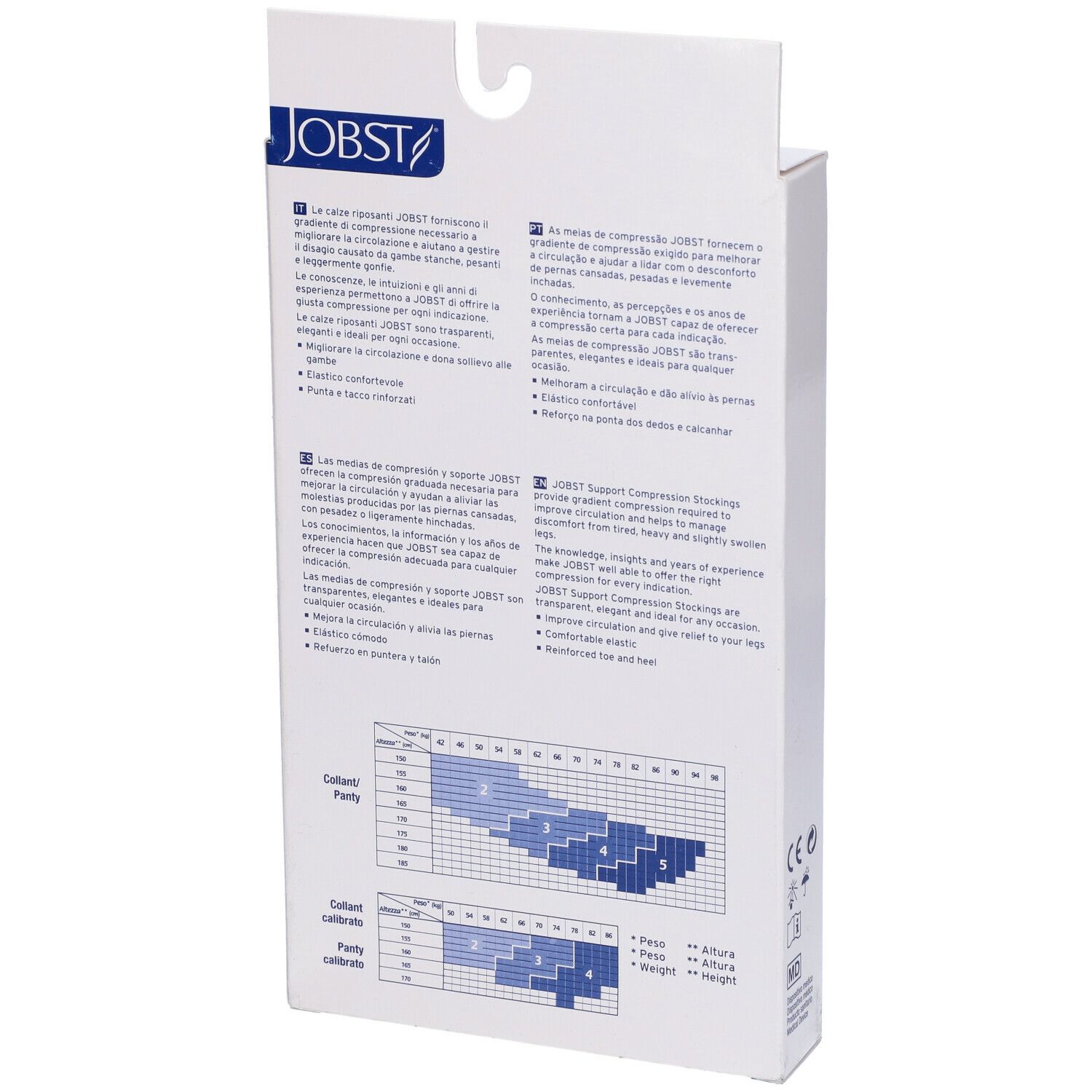 Jobst Collant Velato 70Den Noir Misura 2. Retro della confezione con informazioni e tabella taglie.