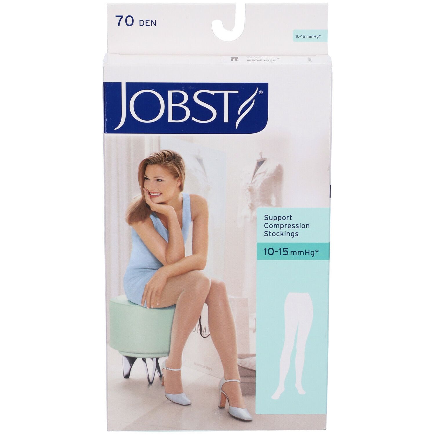 Jobst Collant Velato 70Den Noir Misura 2. Confezione con donna, illustrazione calze e informazioni prodotto.