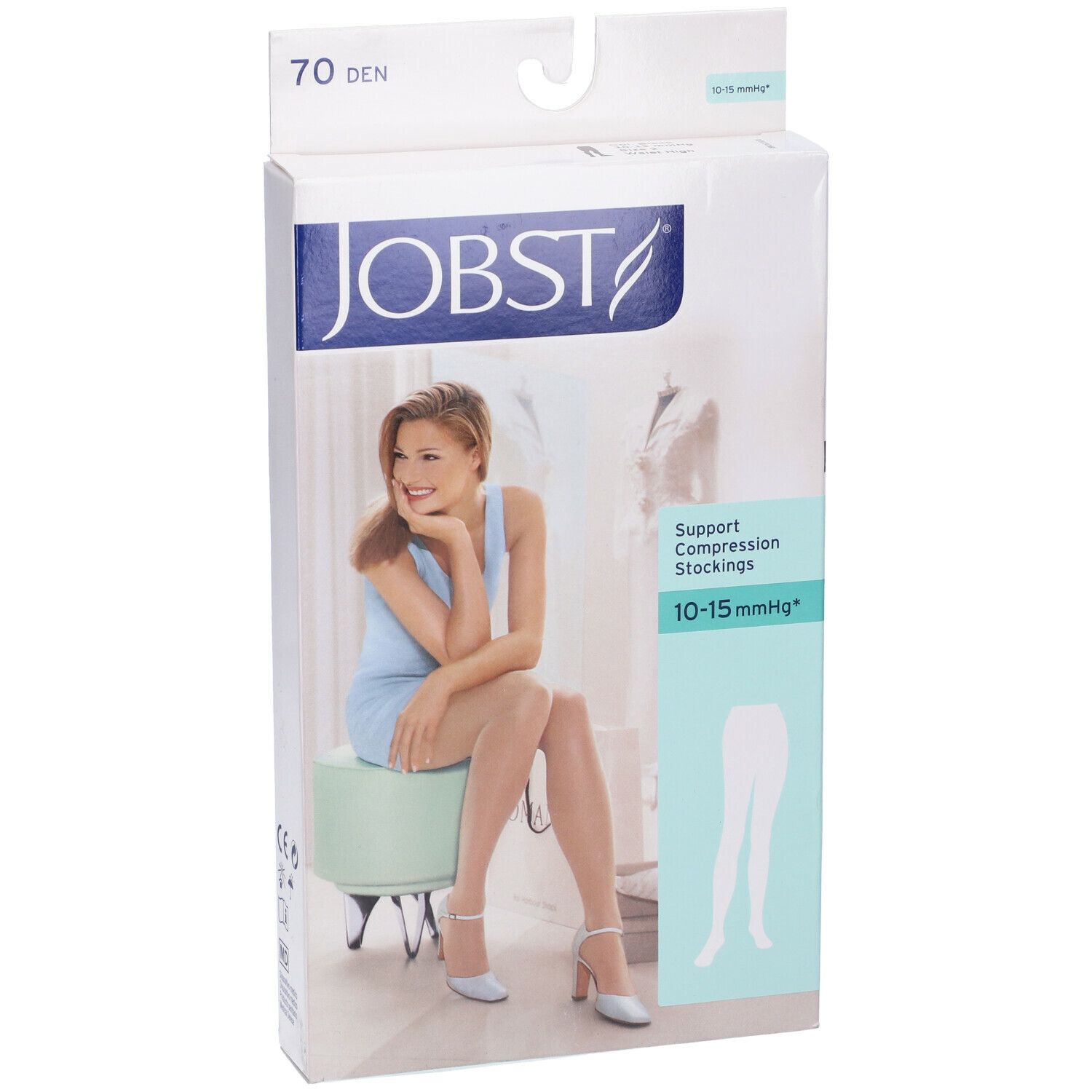 Jobst Collant Velato 70Den Noir Misura 2. Confezione con donna, illustrazione calze e informazioni prodotto.