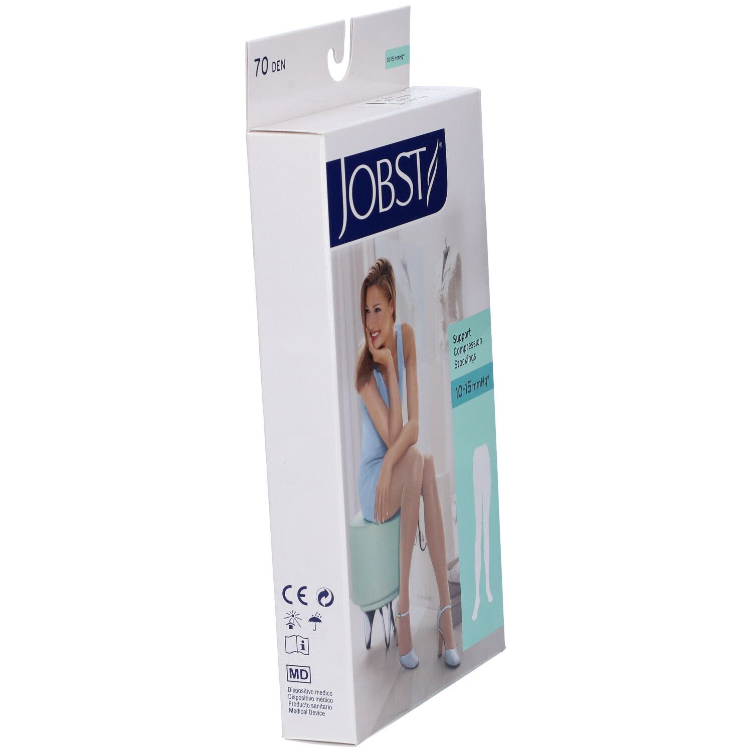 Confezione Jobst obliqua. Donna seduta, calze indossate. 70 den, 10-15 mmHg. Marchio CE.