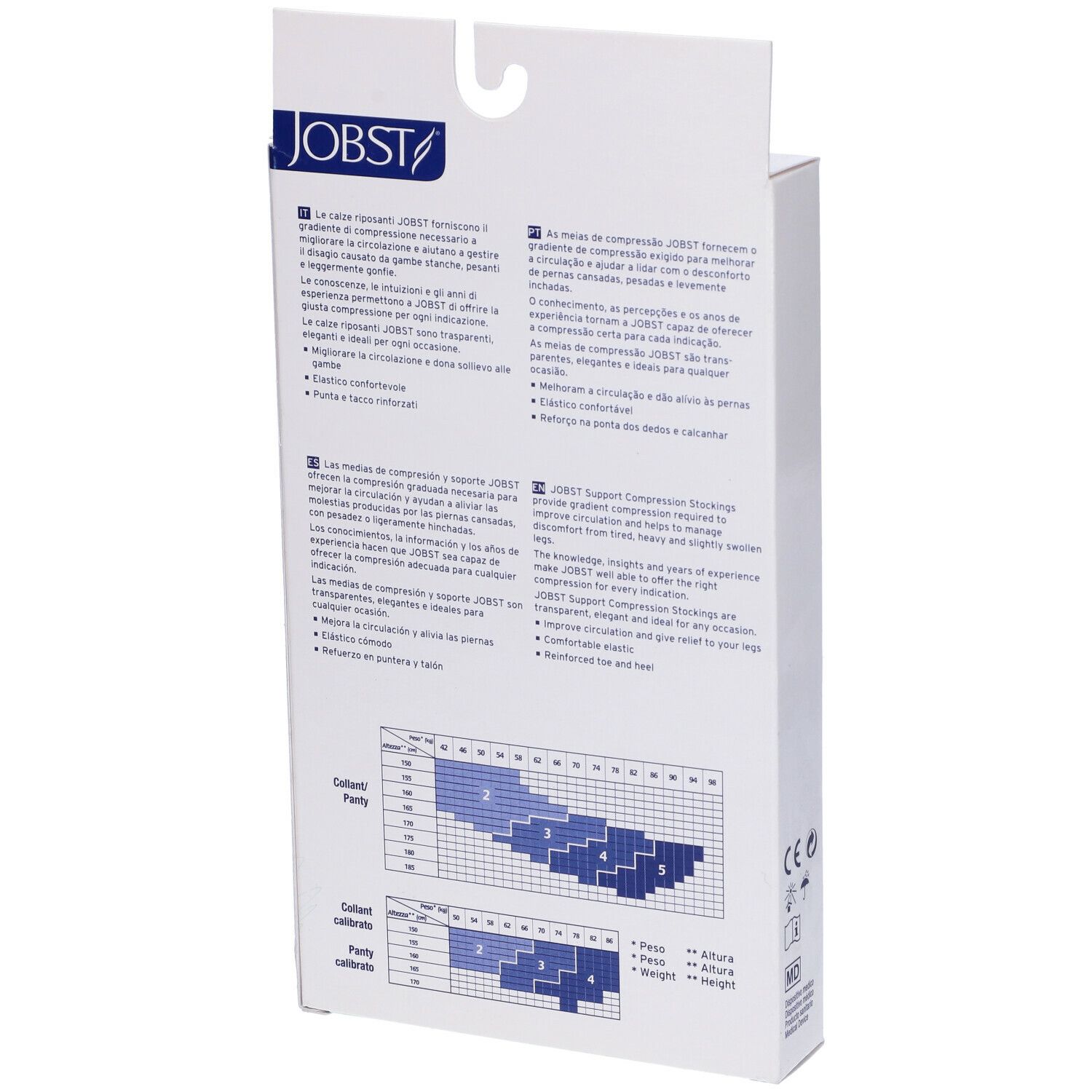 Retro confezione Jobst. Testo multilingue. Tabella taglie calze.