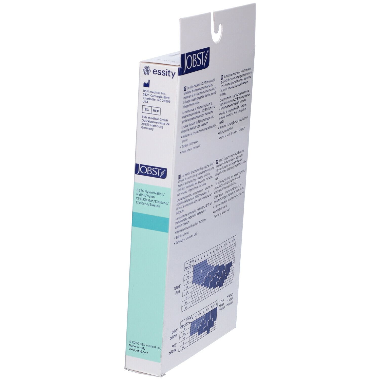 Confezione Jobst, vista laterale. Testo, tabella taglie. Marchio CE. Indirizzo produttore.