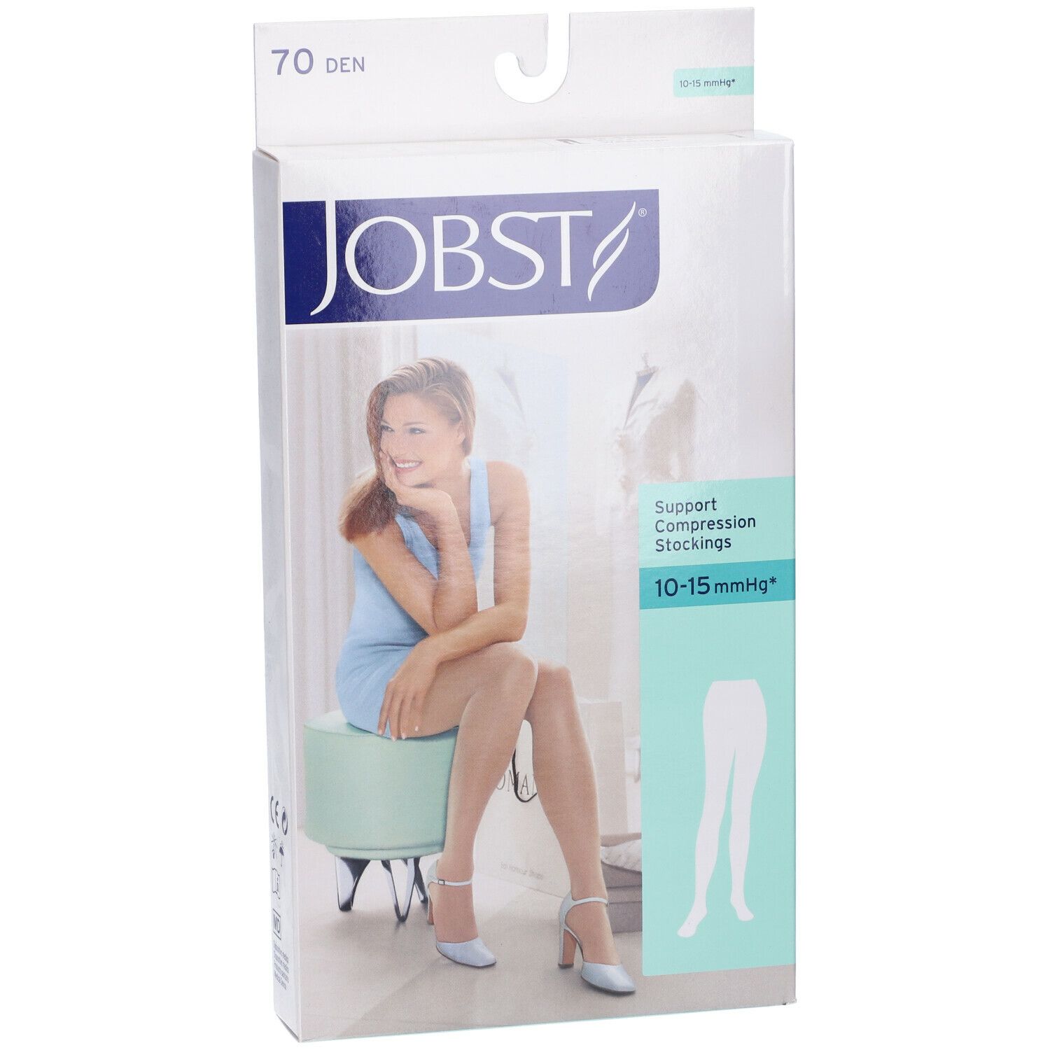 Confezione Jobst collant compressivi. Donna seduta, calze indossate. 70 den, 10-15 mmHg.