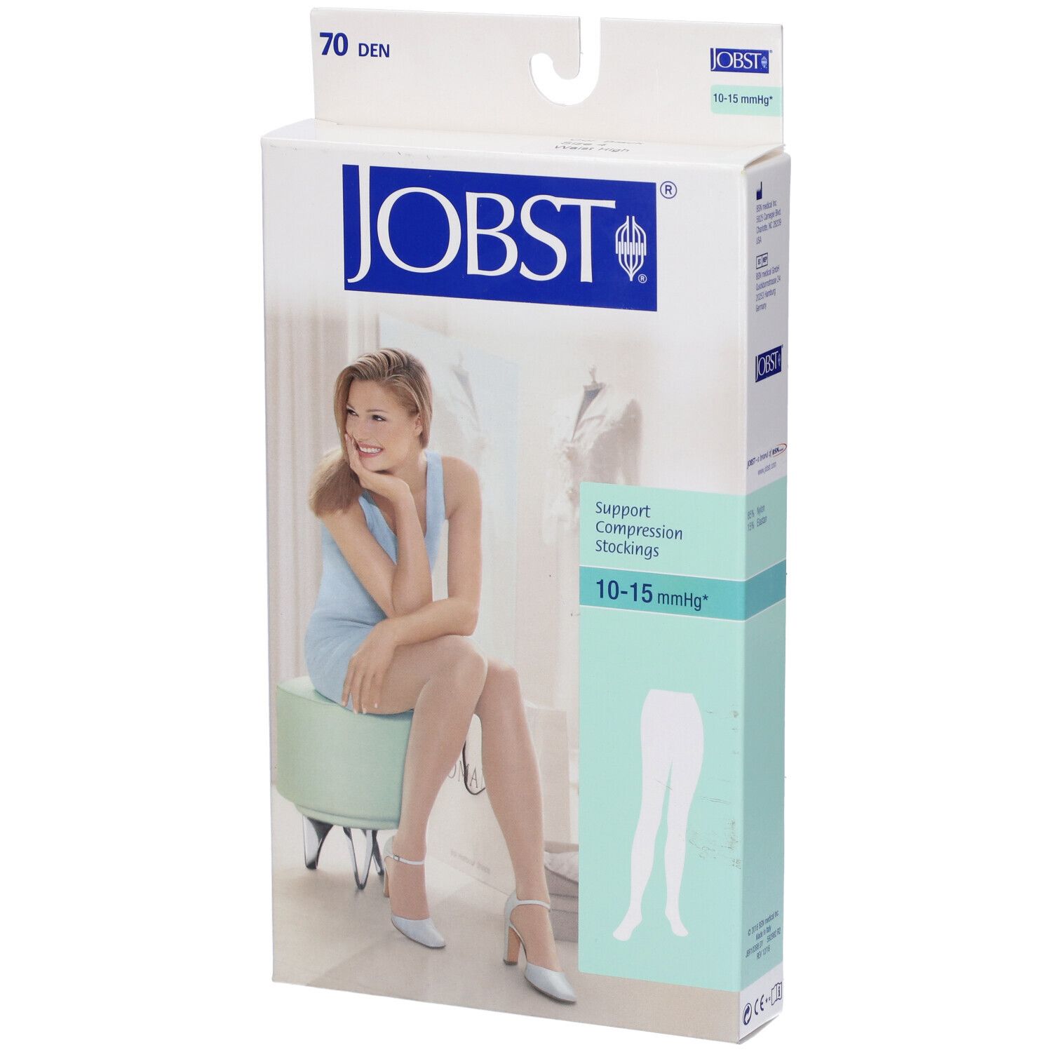 Confezione di calze a compressione JOBST. Scritta: 70 den, 10-15 mmHg. Donna seduta su sgabello, indossa calze.
