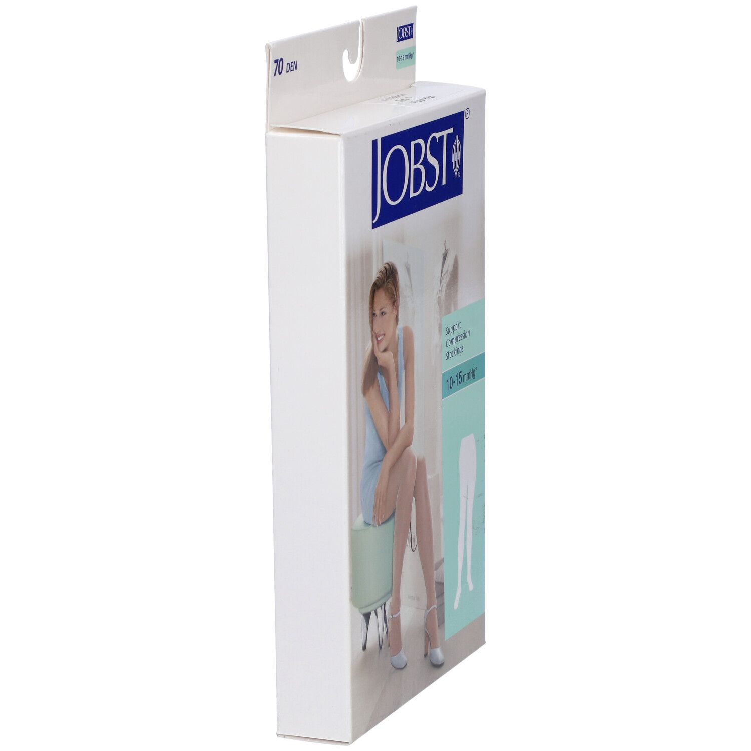 Vista laterale della confezione JOBST. Scritta: 70 den, 10-15 mmHg. Donna sulla confezione.