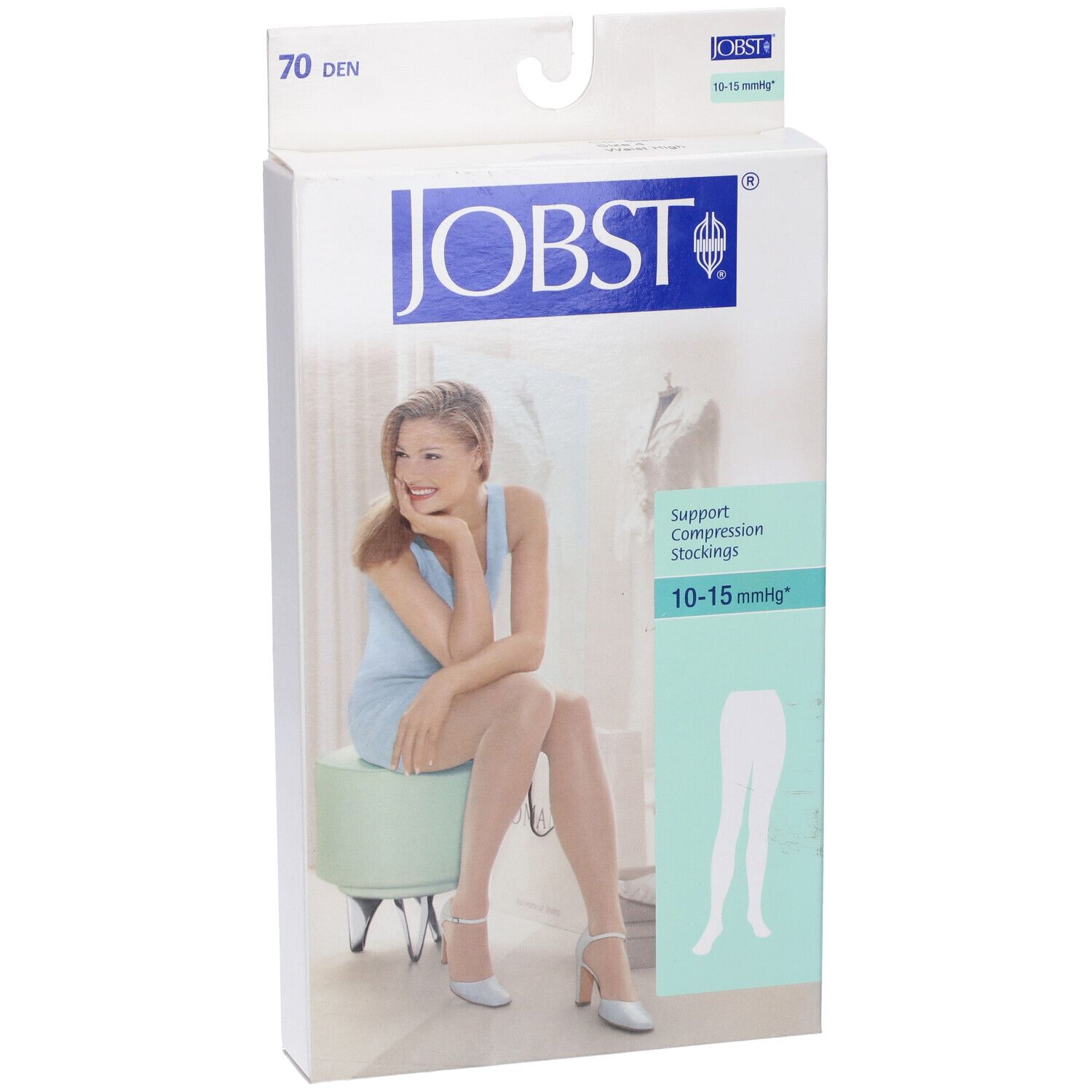 Confezione JOBST con calze a compressione. Scritta: 70 den, 10-15 mmHg. Donna indossa calze.