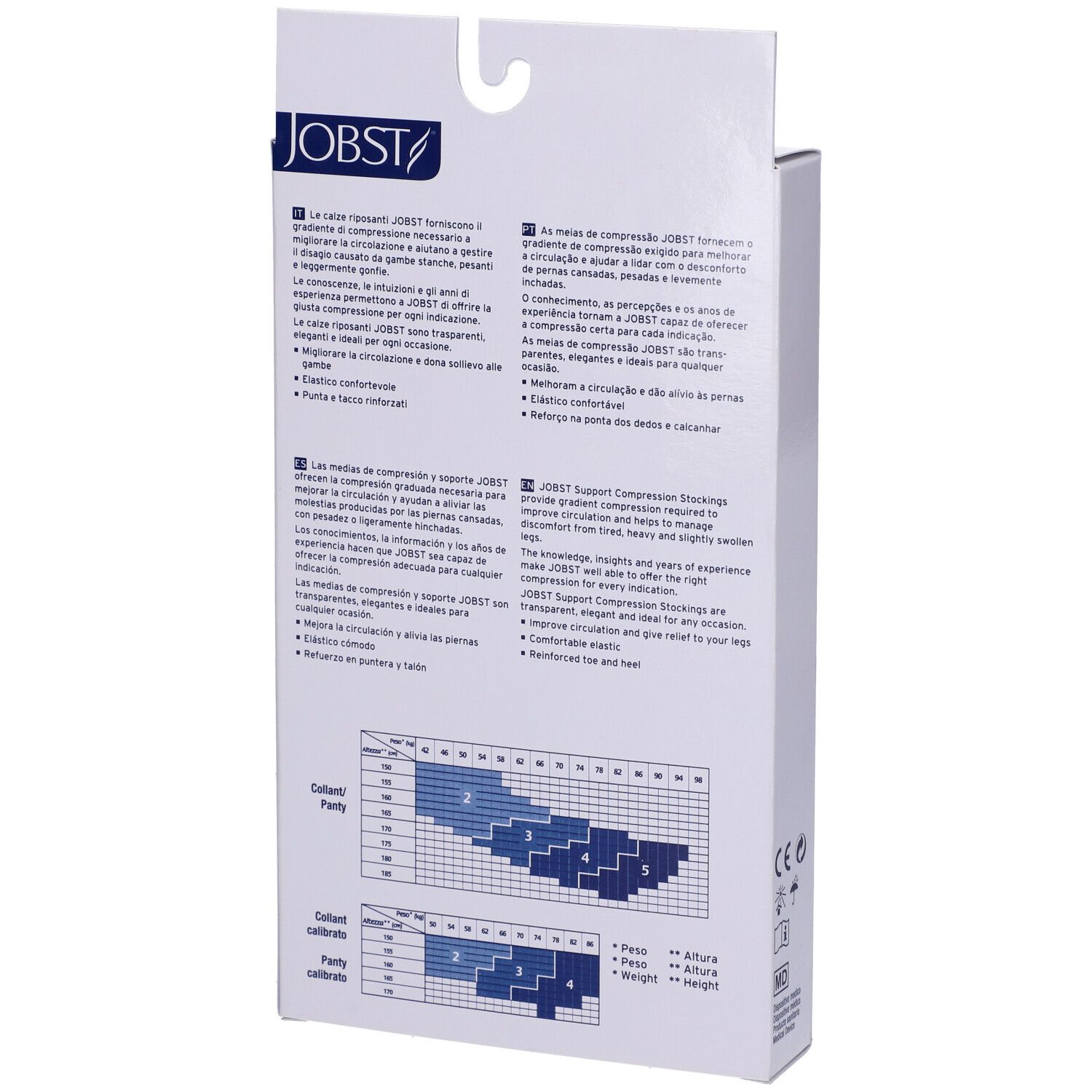 Jobst Collant Velato 70Den Noir Misura 5. Retro della confezione. Tabella taglie, informazioni.