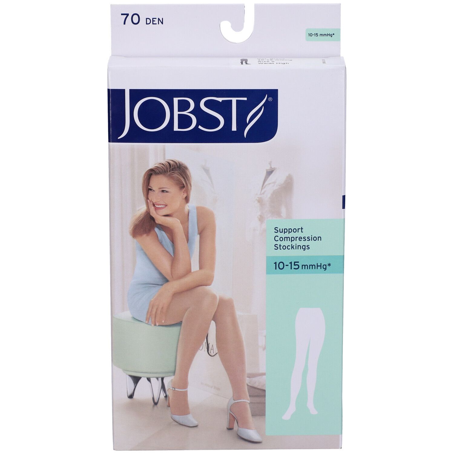 Jobst Collant Velato 70Den Noir Misura 5. Confezione calze, donna seduta. 70 denari, 10-15 mmHg.
