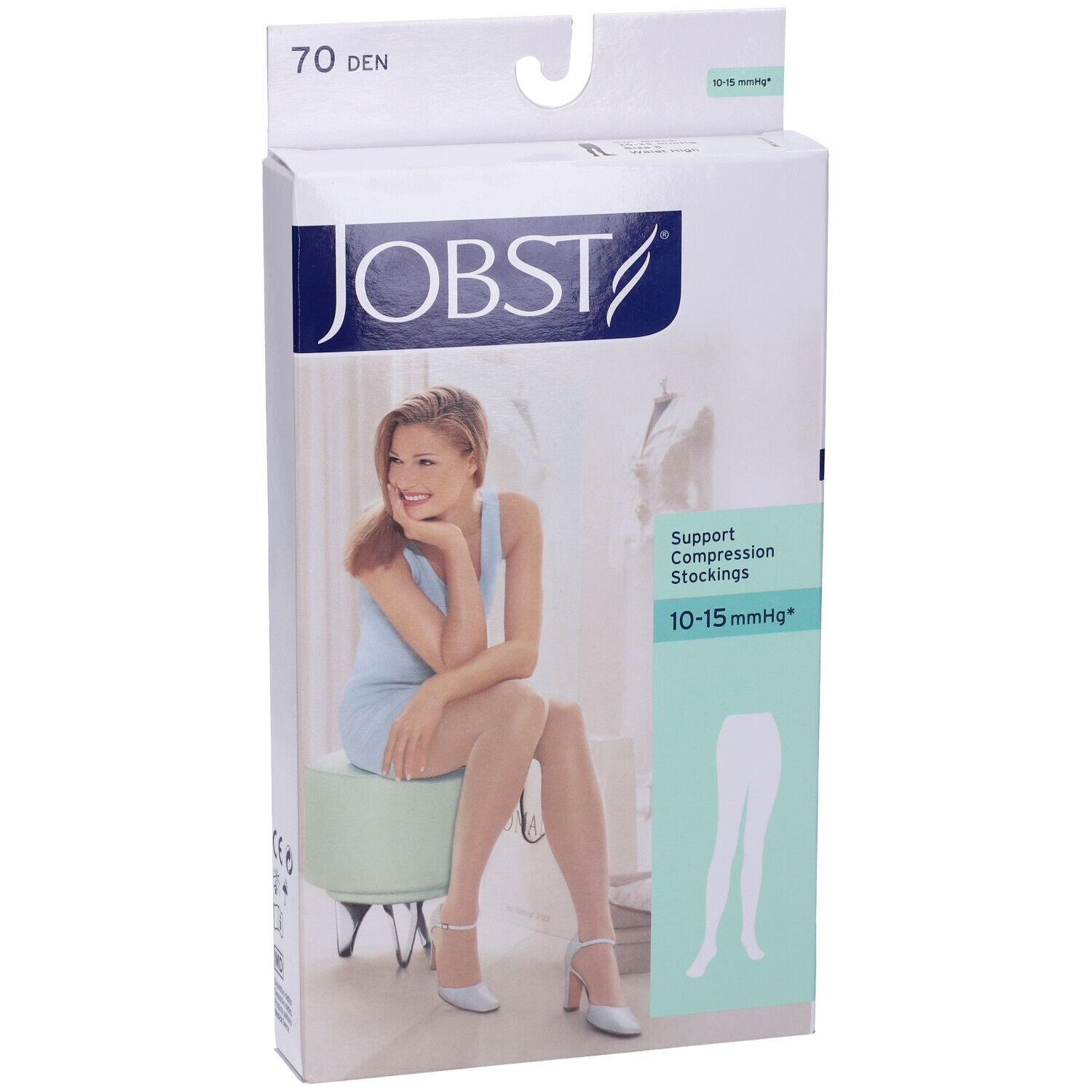 Jobst Collant Velato 70Den Noir Misura 5. Confezione calze, donna seduta. 70 denari, 10-15 mmHg.