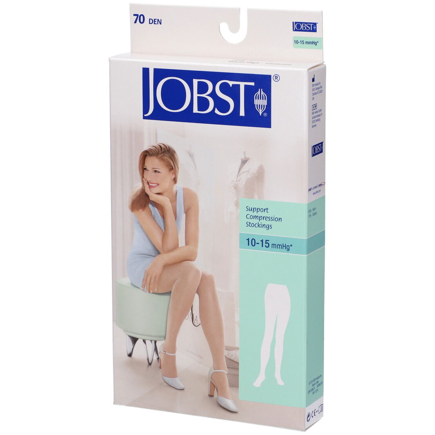 Confezione Jobst con calze a compressione. Scritta: 70 den, 10-15 mmHg. Immagine di donna che indossa calze.