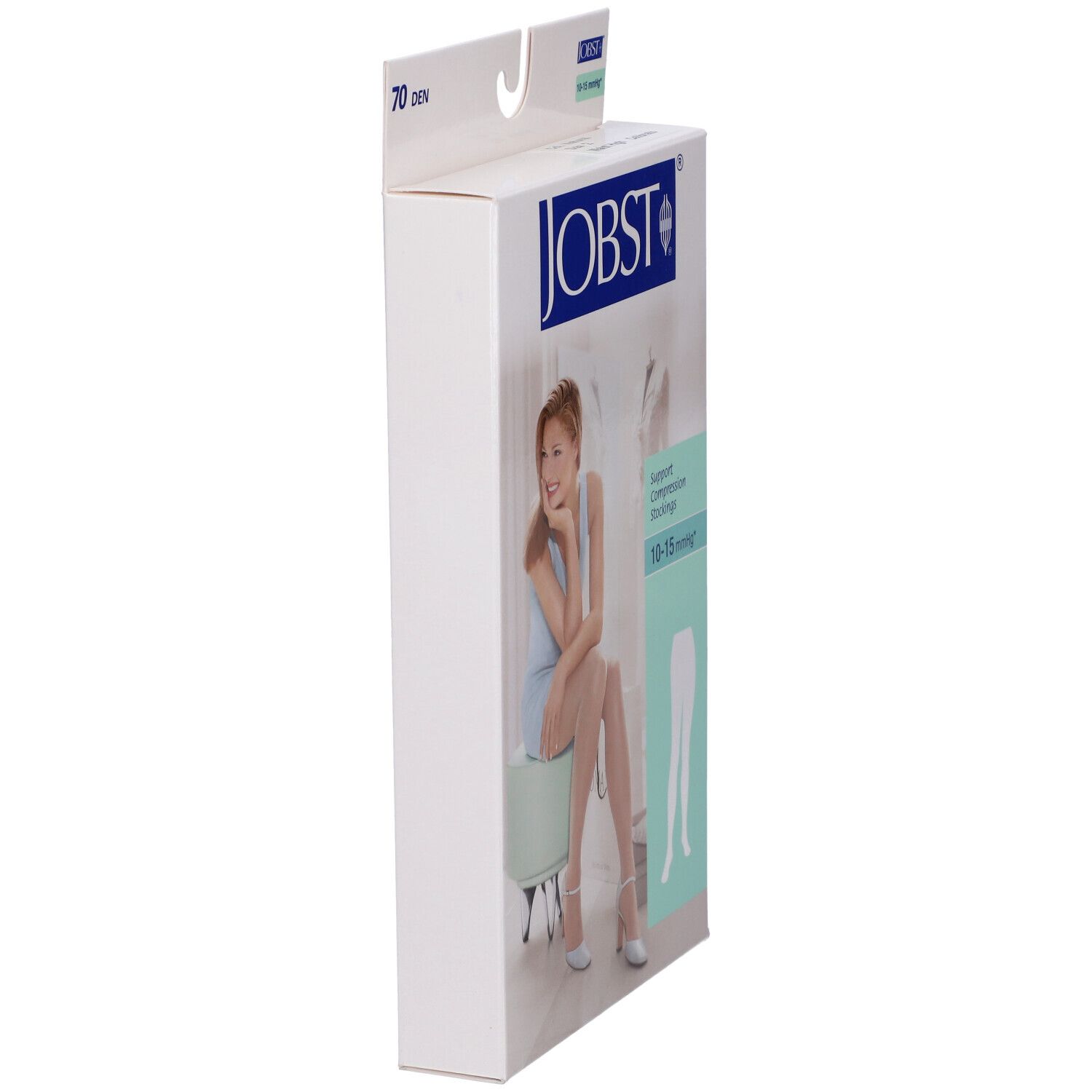 Confezione Jobst, vista laterale. Scritta: 70 den, 10-15 mmHg. Immagine di donna che indossa calze.