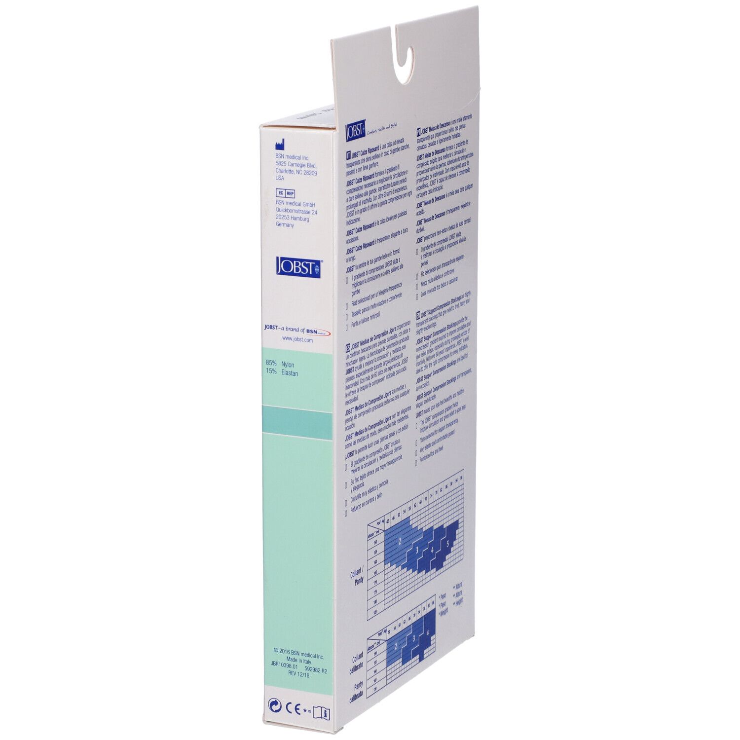 Confezione Jobst, vista laterale. Testo multilingue. Tabella taglie per calze.
