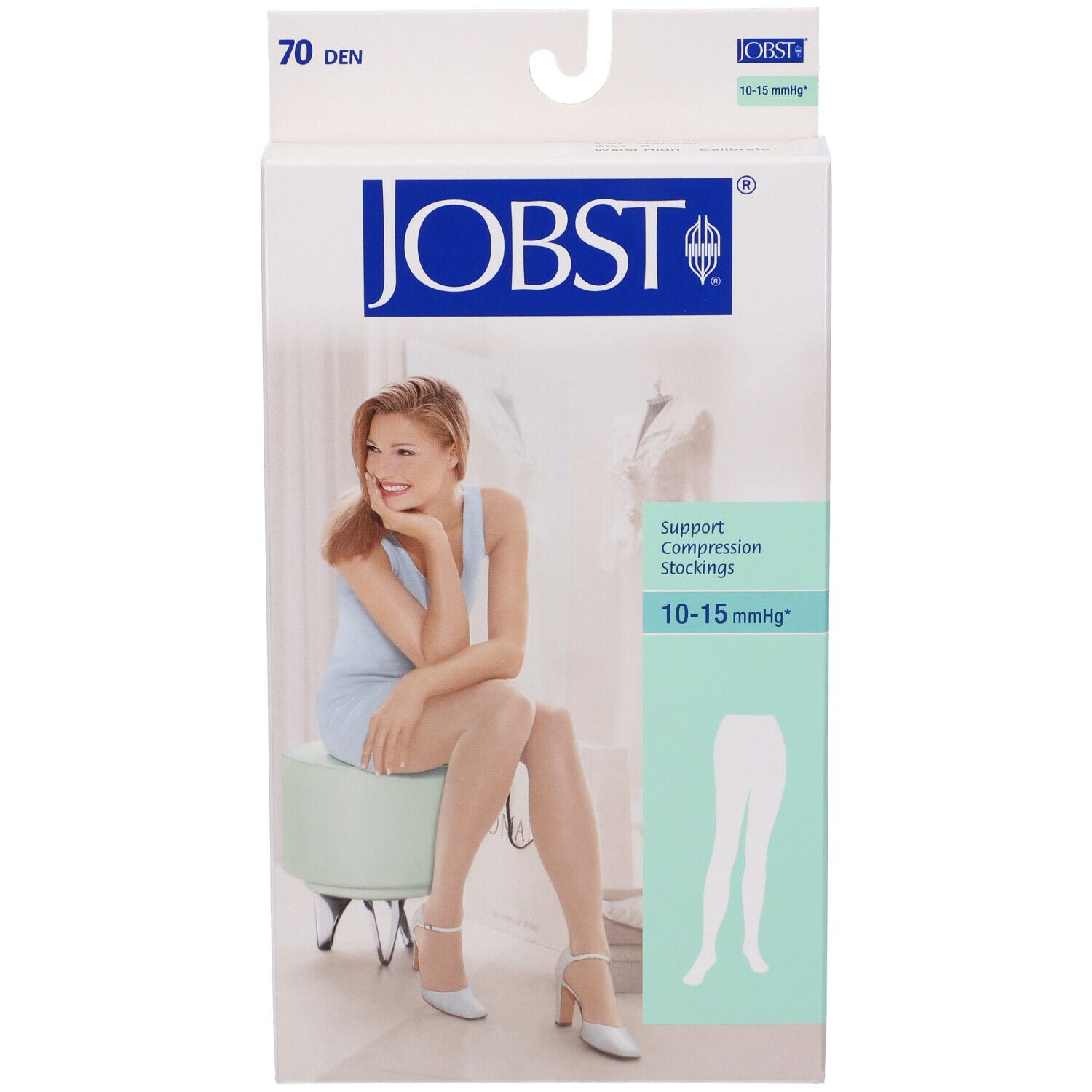 Confezione Jobst con calze a compressione. Scritta: 70 den, 10-15 mmHg. Immagine di donna che indossa calze.