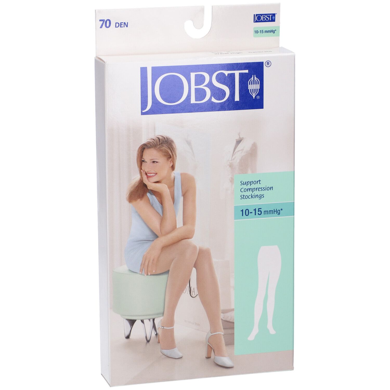 Confezione Jobst con calze a compressione. Scritta: 70 den, 10-15 mmHg. Immagine di donna che indossa calze.
