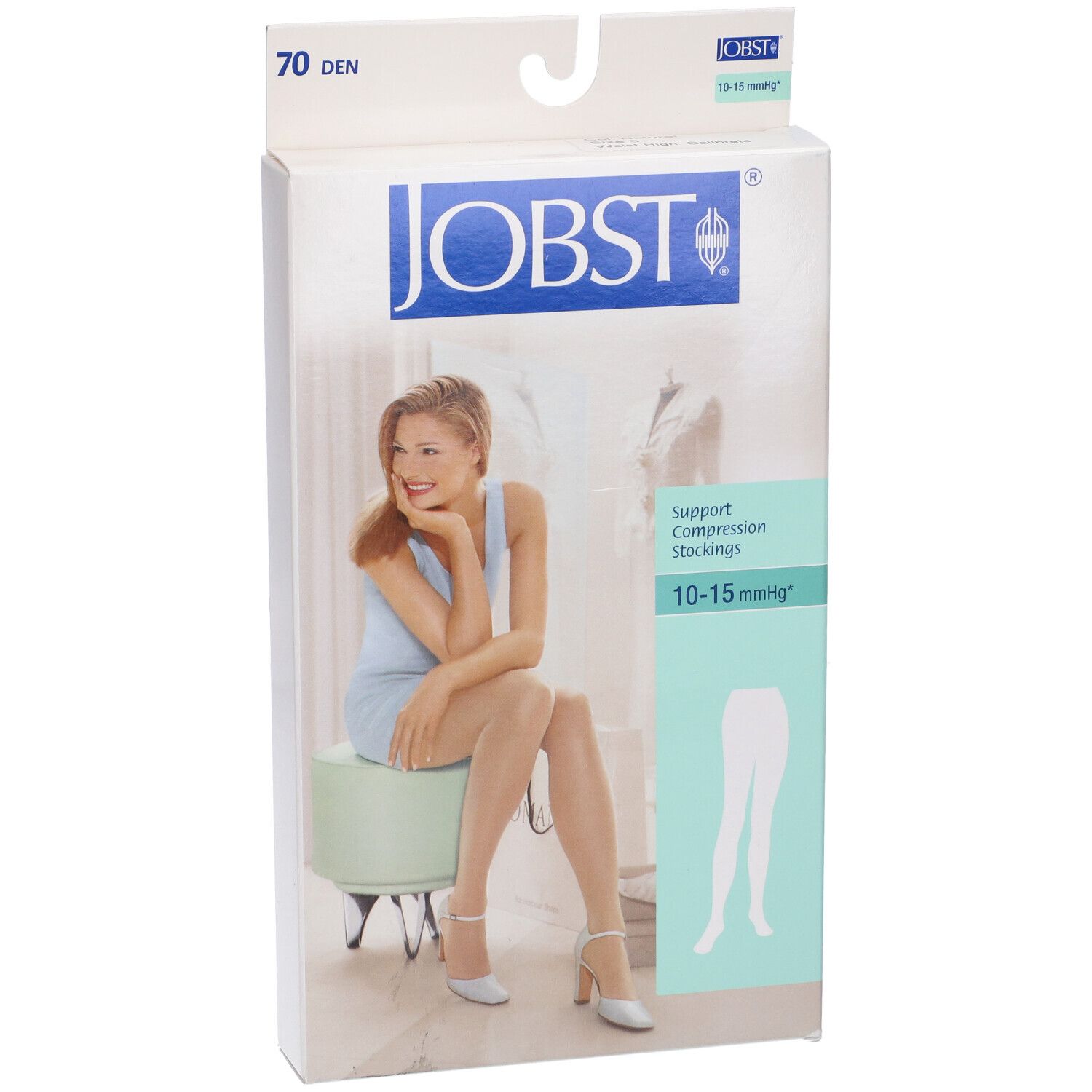 Confezione di calze JOBST. Scritta: 70 DEN, 10-15 mmHg. Donna seduta su sgabello. Illustrazione del prodotto.