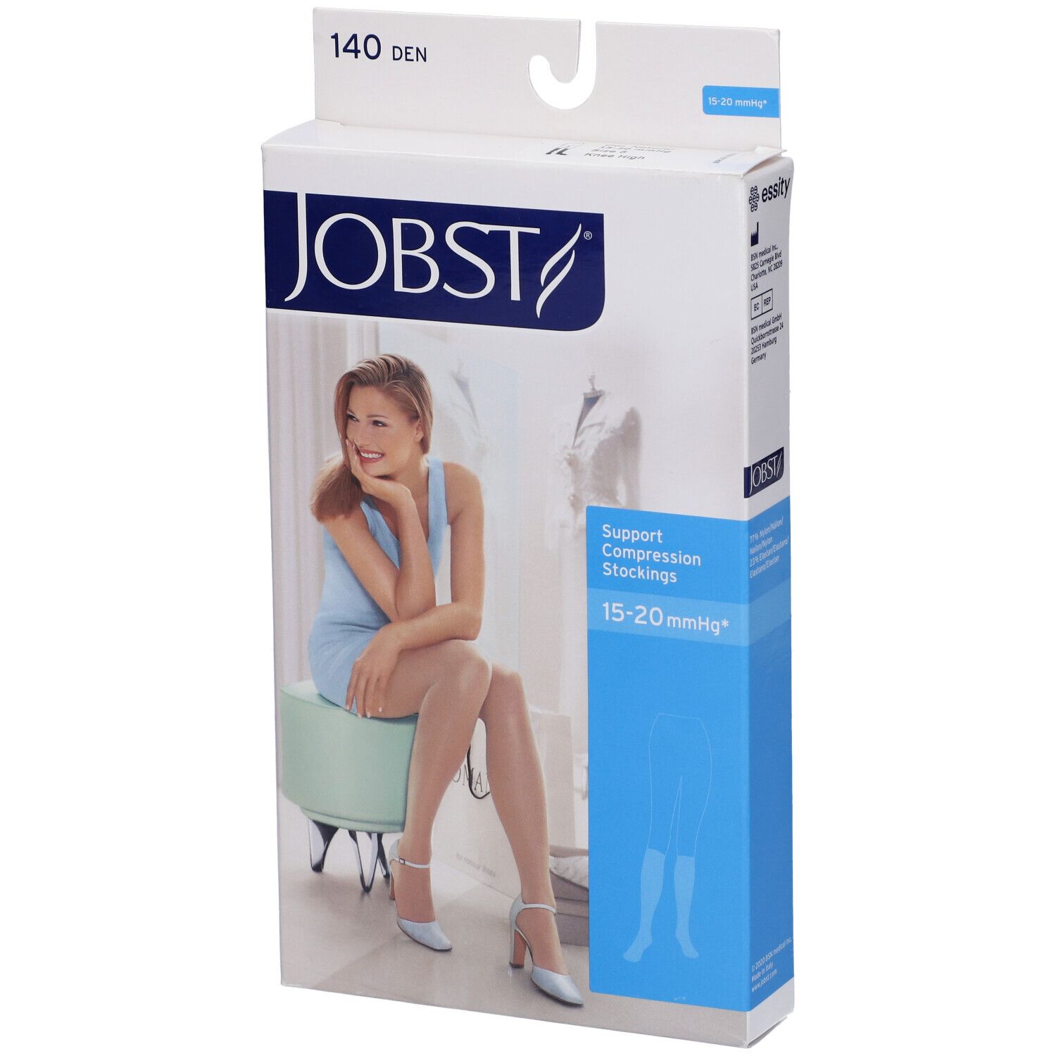 Confezione di calze a compressione JOBST. Scritta: 140 DEN, 15-20 mmHg. Donna seduta su sgabello, indossa calze.