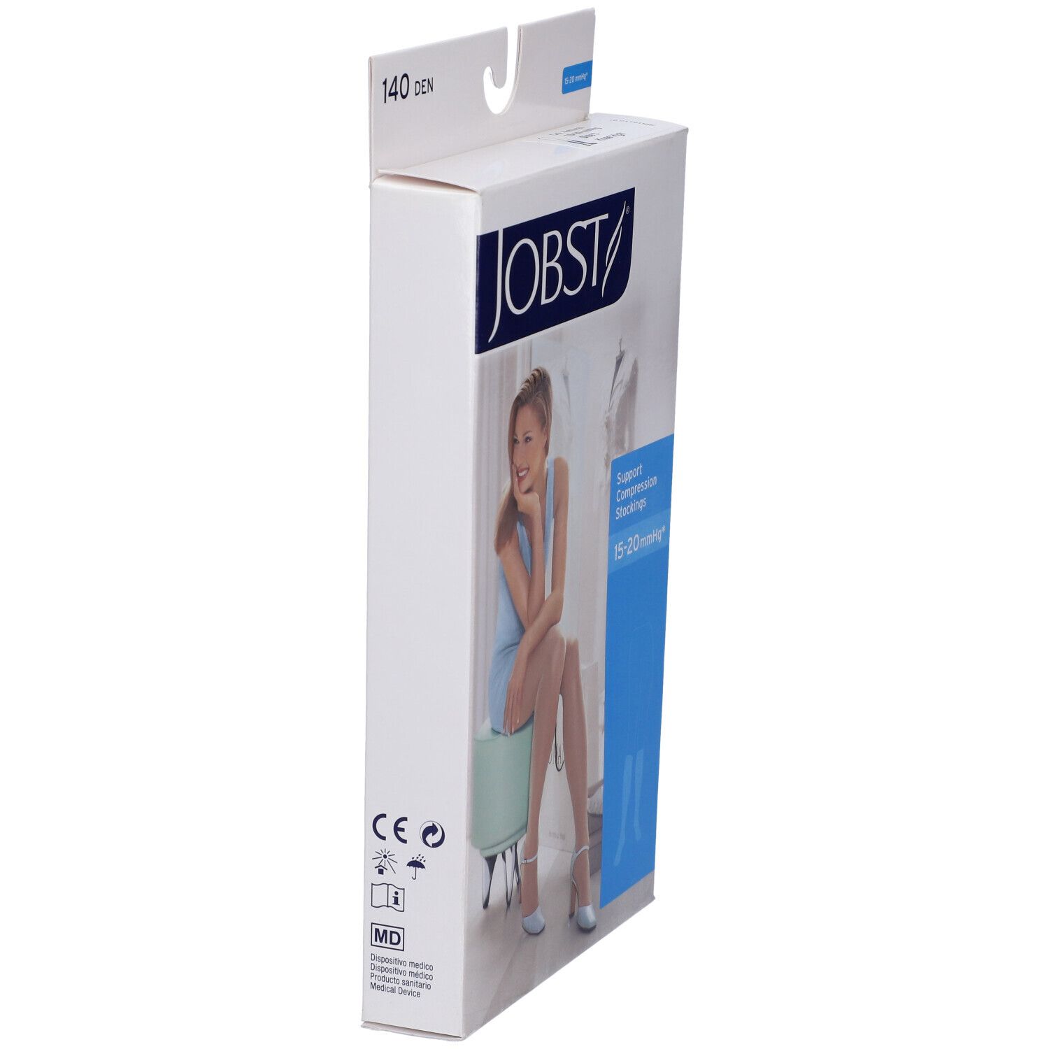 Vista laterale della confezione JOBST. Scritta: 140 DEN. Donna sulla confezione indossa calze. Marchio CE.