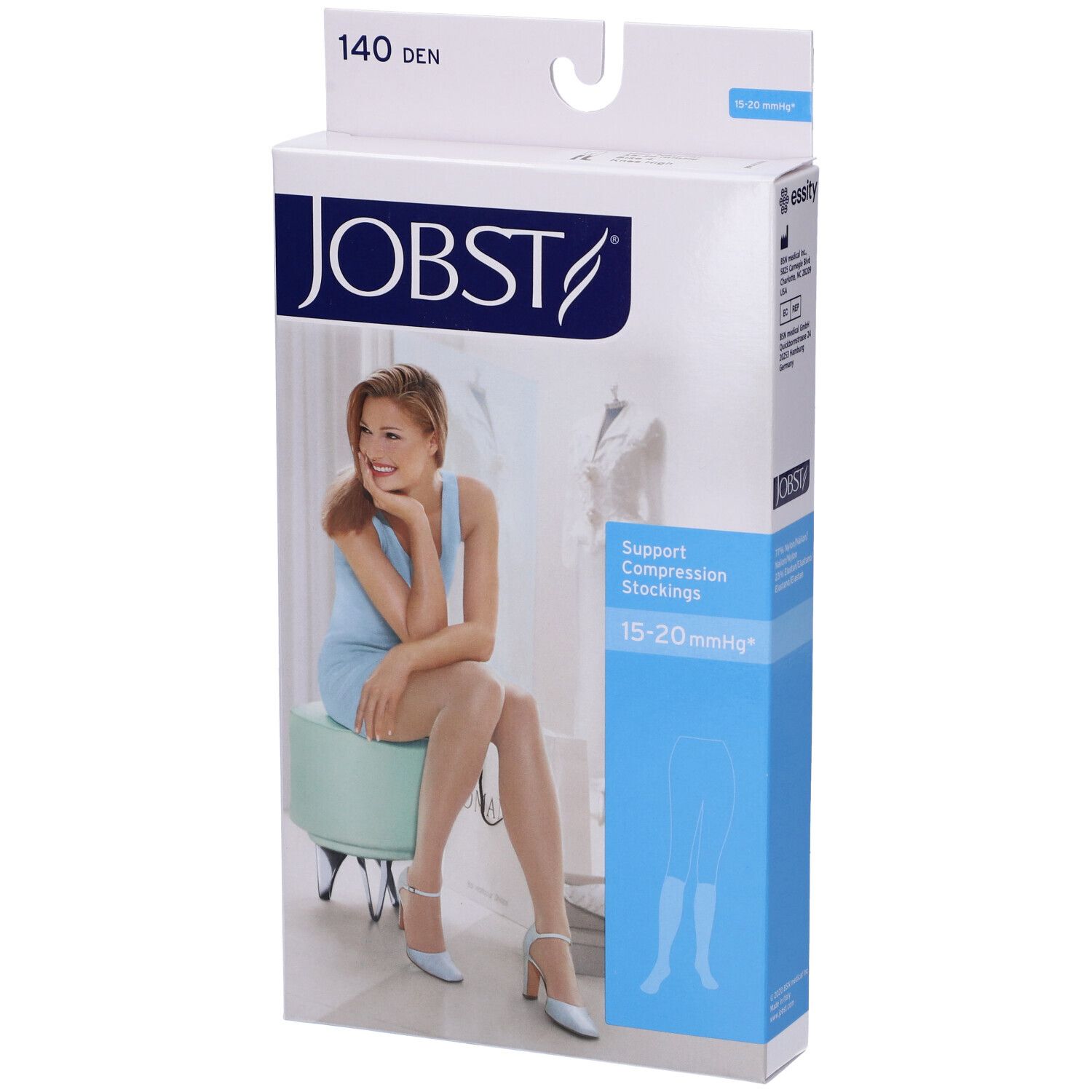 Confezione JOBST. Stampa: 140 DEN, calze a compressione, 15-20 mmHg. Donna seduta su sgabello, indossa calze.