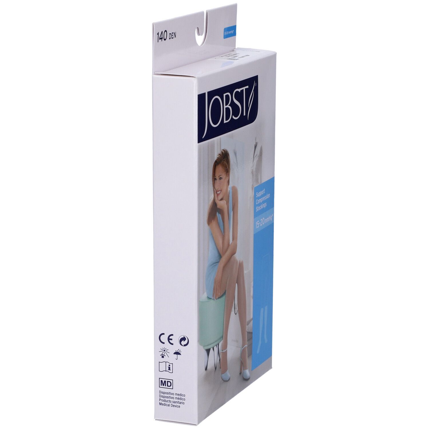 Confezione JOBST. Lato con logo e nome del prodotto. Stampa: calze a compressione, 15-20 mmHg.