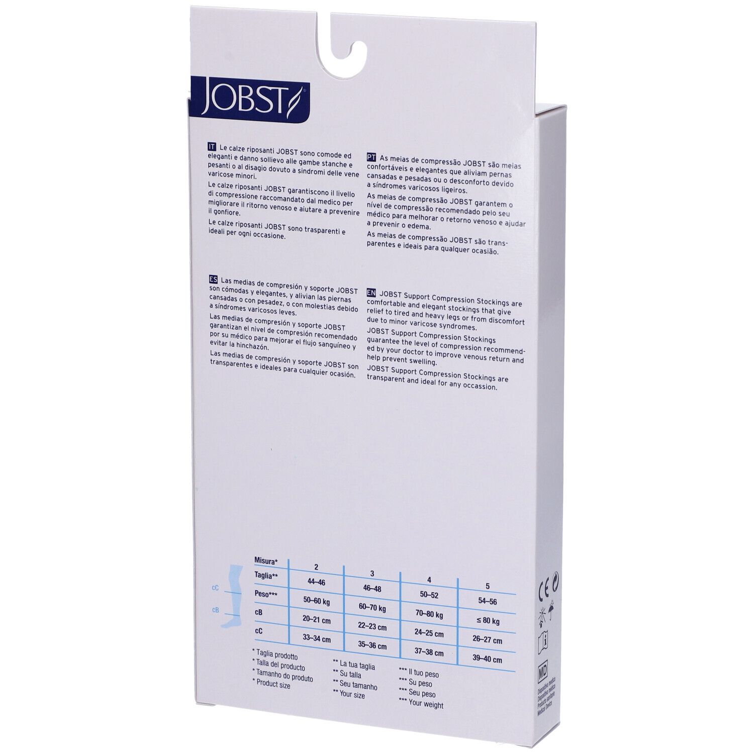 Retro della confezione JOBST. Testo multilingue. Tabella taglie per calze a compressione.