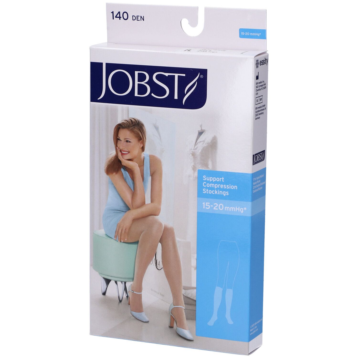Confezione calze compressive JOBST. Donna seduta. 140 DEN, 15-20 mmHg.