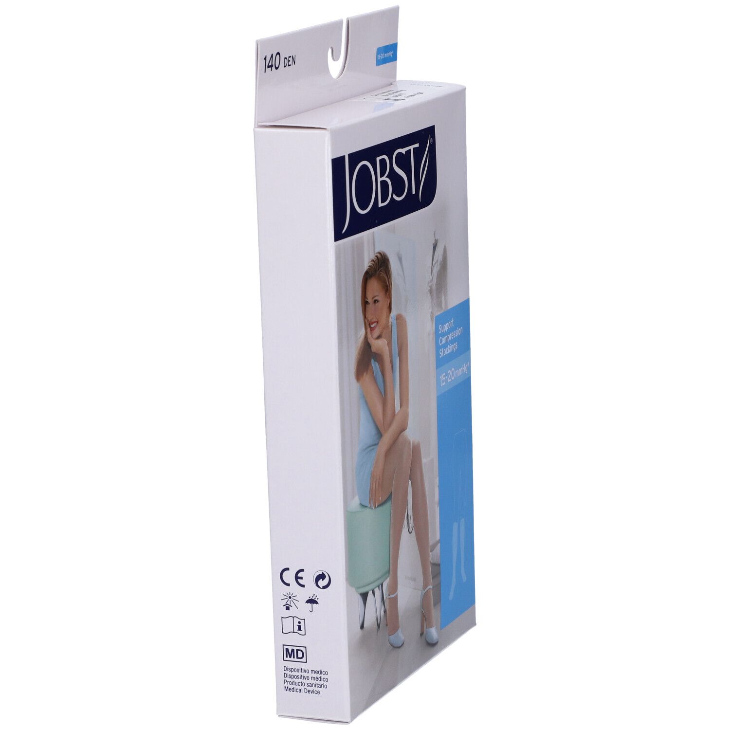 Vista laterale della confezione JOBST. 140 DEN. Donna sulla confezione.
