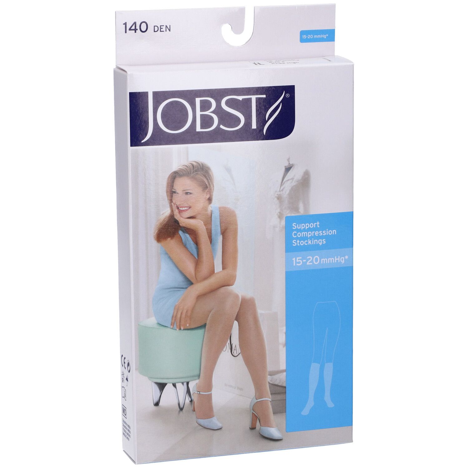 Confezione JOBST. Donna seduta. 140 DEN, 15-20 mmHg. Illustrazione calze.
