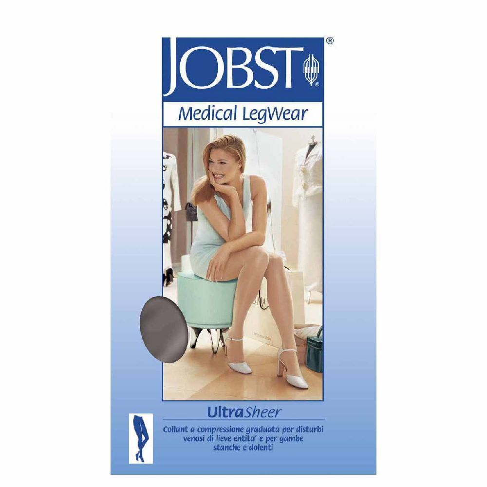 Confezione JOBST. Donna seduta, calze. Testo: UltraSheer, Medical LegWear.