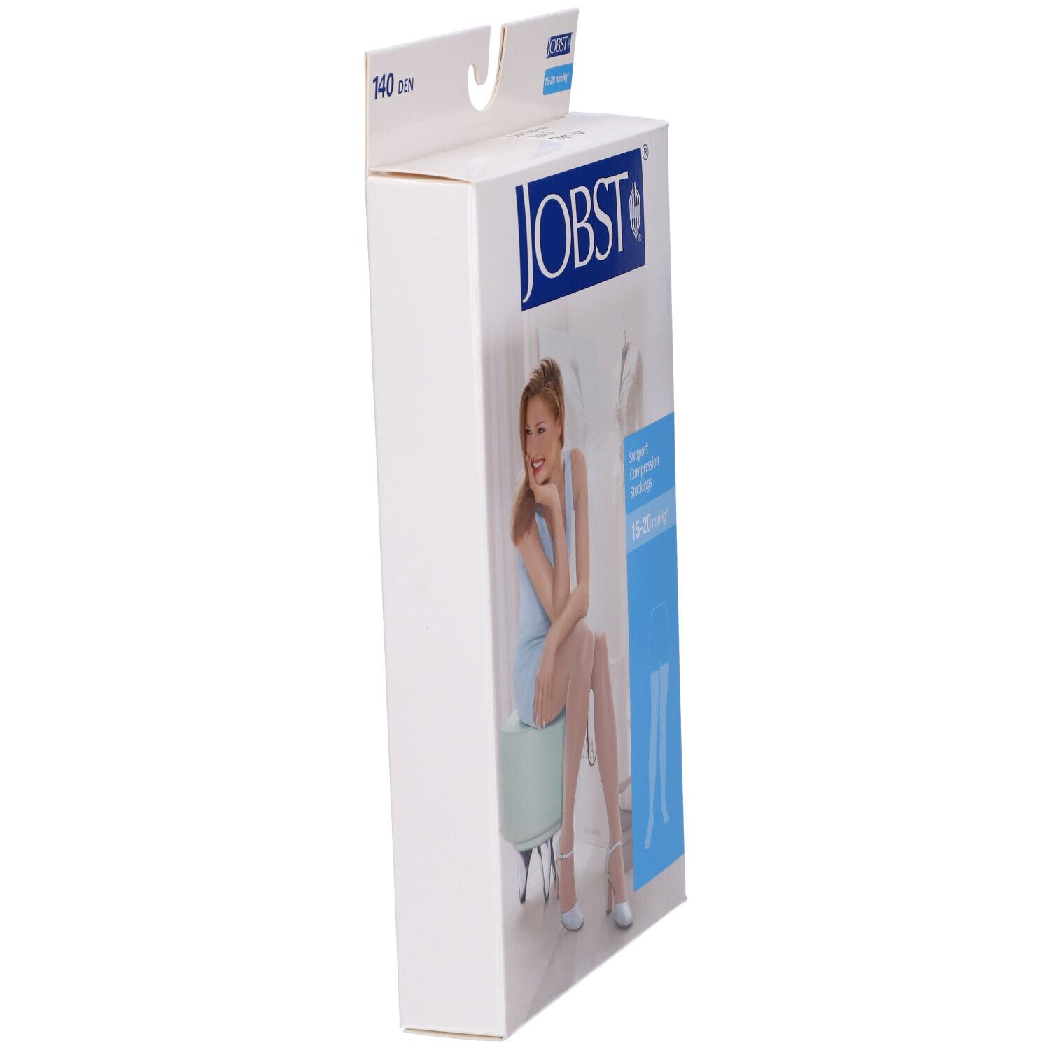 Confezione JOBST, vista laterale. Donna seduta, calze. Testo: Support Compression Stockings.