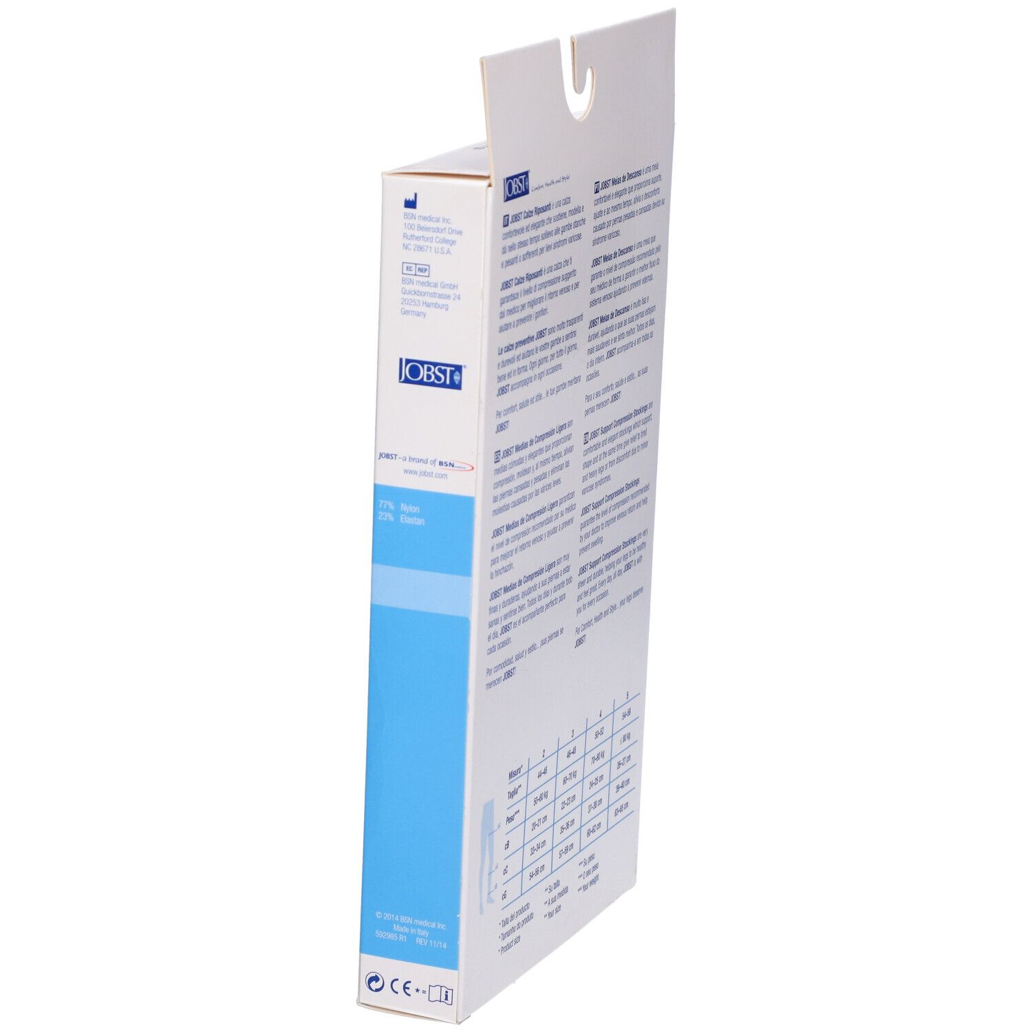 Vista laterale confezione JOBST. Testo e tabella taglie per calze compressive.