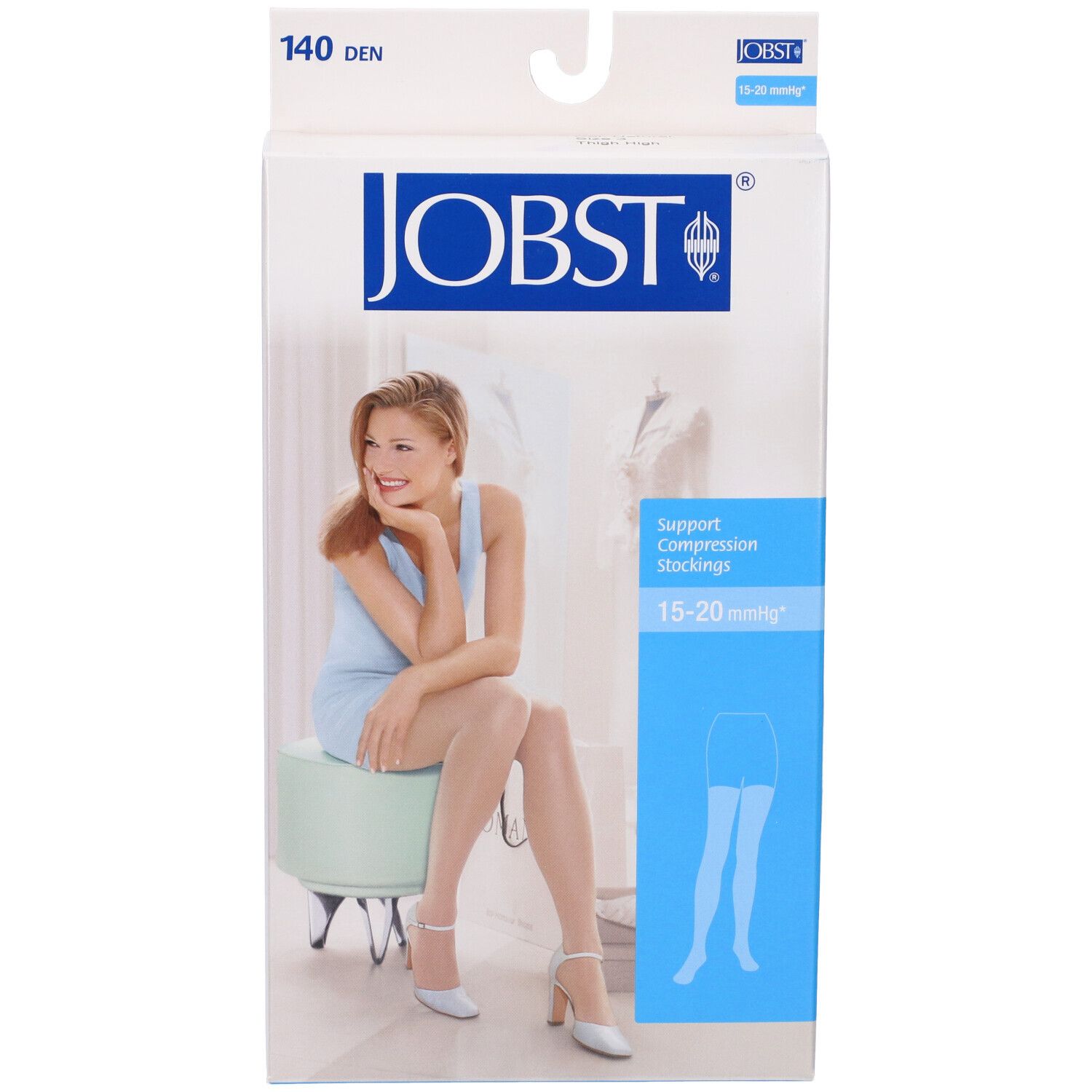 Confezione JOBST. Donna seduta, calze. Testo: Support Compression Stockings, 15-20 mmHg.