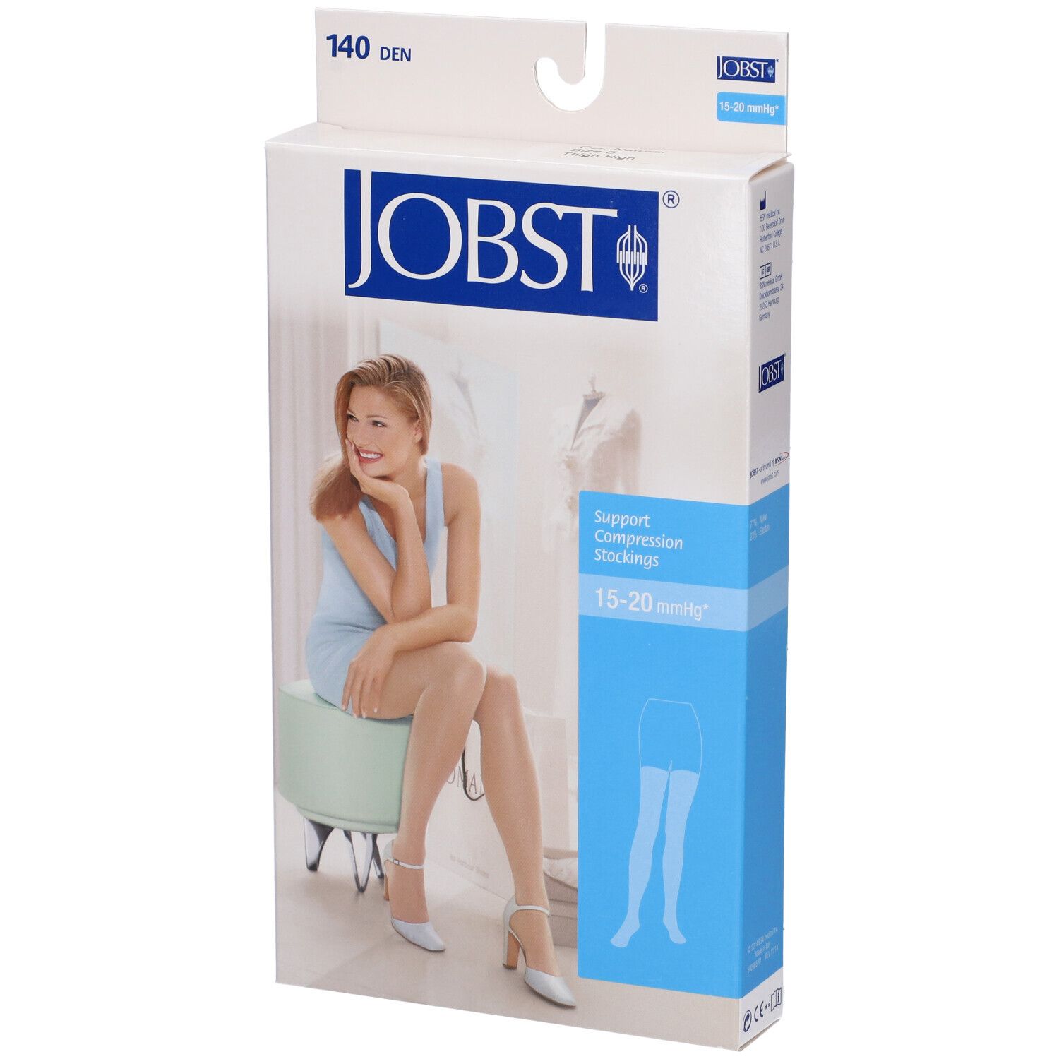 Confezione JOBST. Calze a compressione 140 DEN, Naturel. Donna seduta. Logo e nome del prodotto visibili.