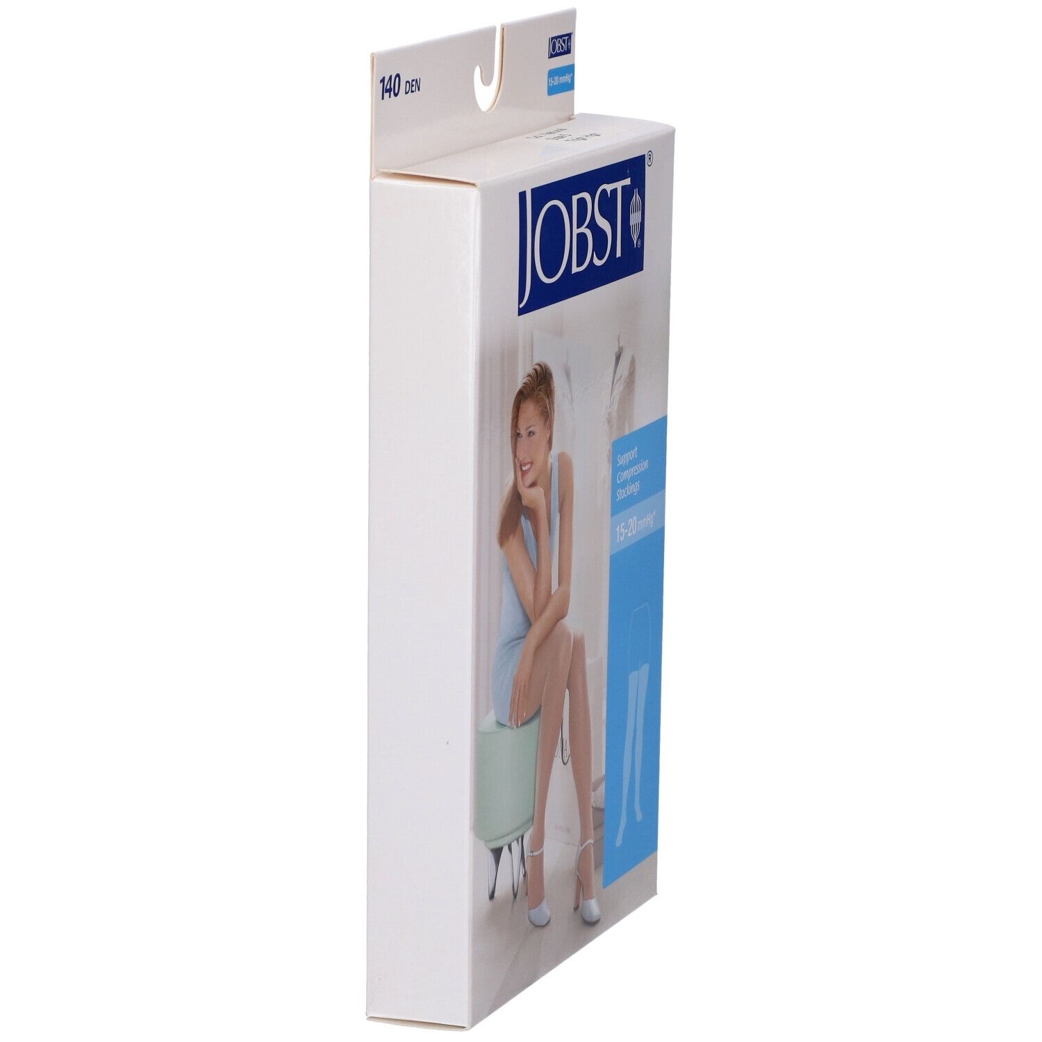 Confezione JOBST, vista laterale. Calze a compressione. Logo e nome del prodotto visibili. 140 DEN.