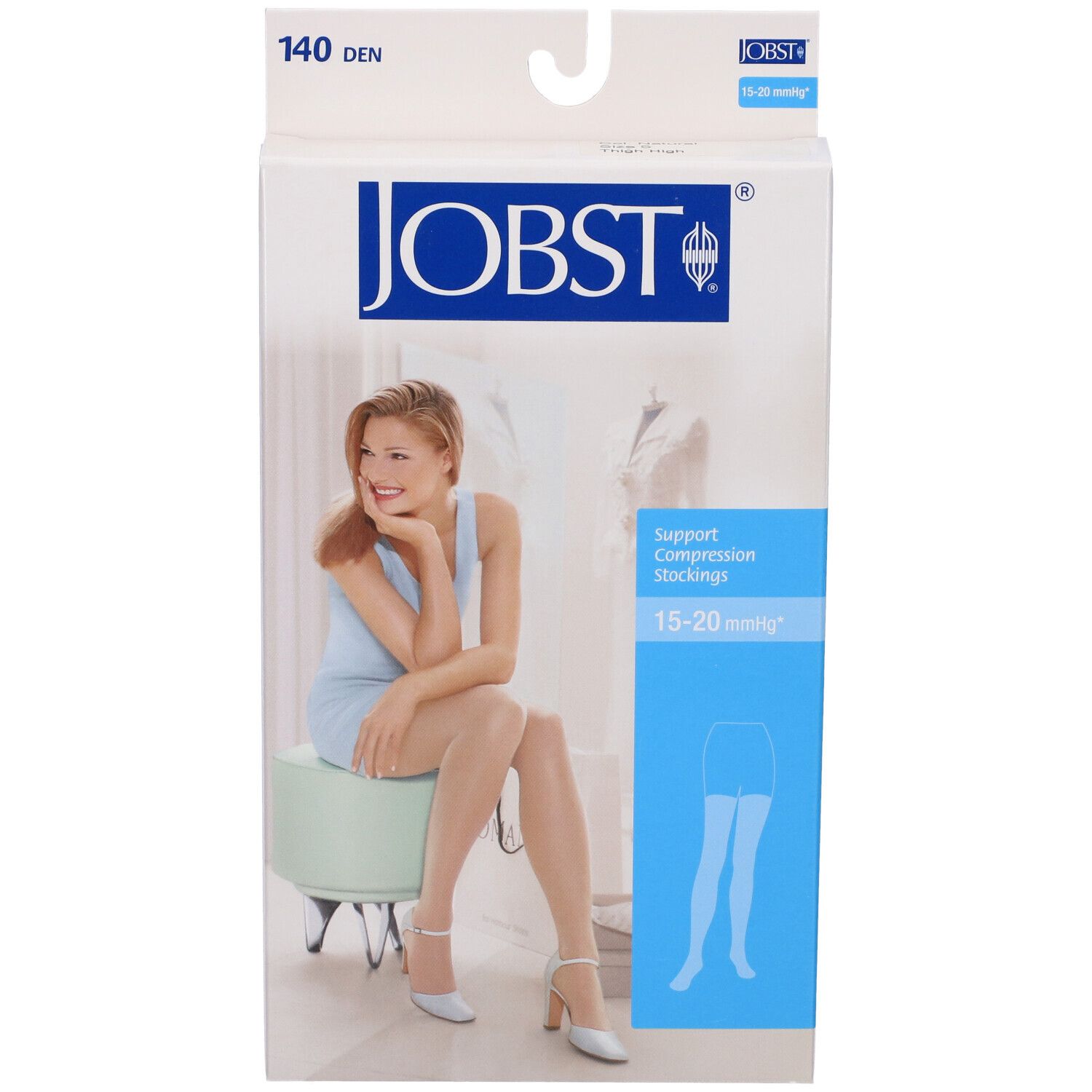 Confezione JOBST. Calze a compressione 140 DEN, Naturel. Donna seduta. Logo e nome del prodotto visibili.