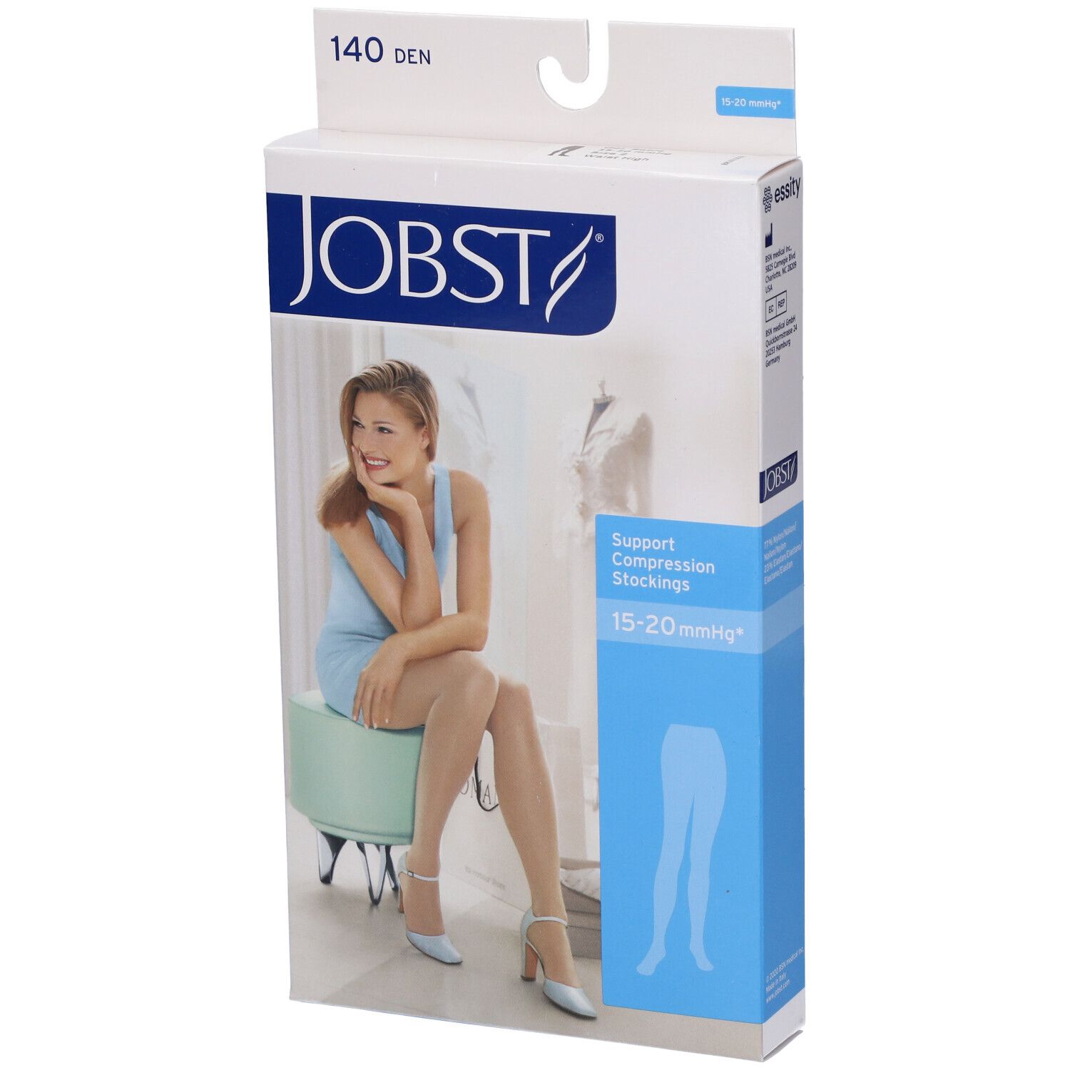 Confezione di calze a compressione JOBST. Scritta: 140 DEN, 15-20 mmHg. Donna seduta su sgabello. Illustrazione del prodotto.