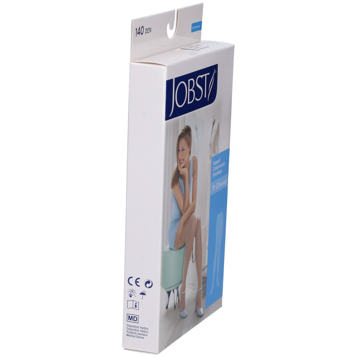 Confezione di calze a compressione JOBST. Scritta: 140 DEN, 15-20 mmHg. Donna seduta su sgabello. Illustrazione del prodotto.