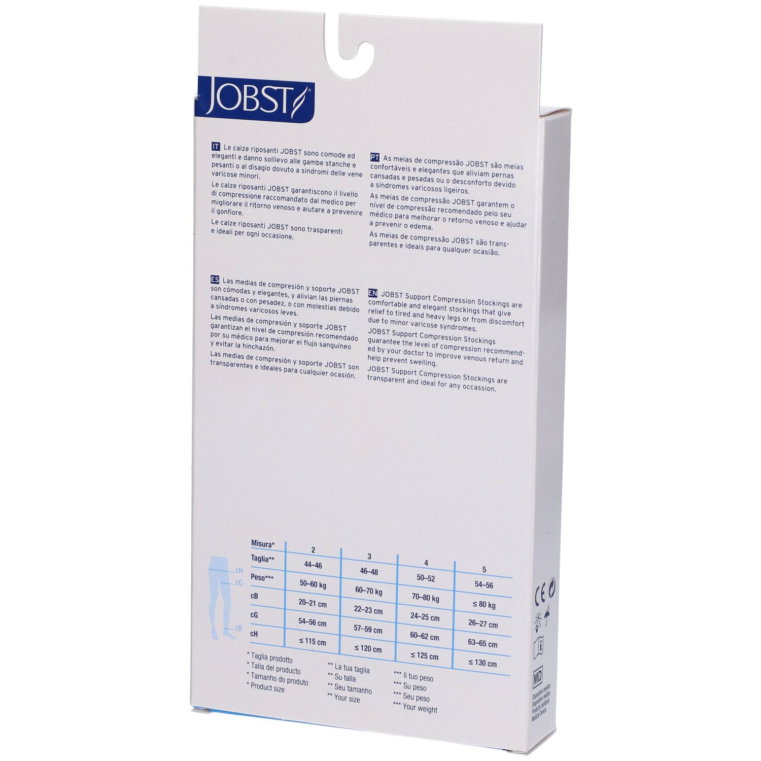 Confezione di calze a compressione JOBST. Scritta: 140 DEN, 15-20 mmHg. Vista laterale. Marchio CE.