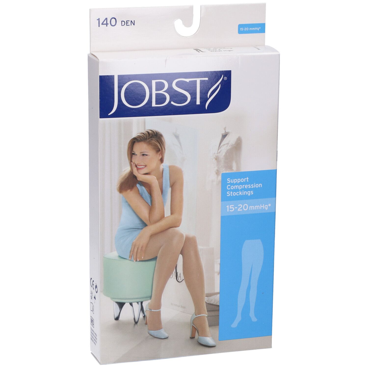 Confezione di calze a compressione JOBST. Scritta: 140 DEN, 15-20 mmHg. Donna seduta su sgabello. Illustrazione del prodotto.