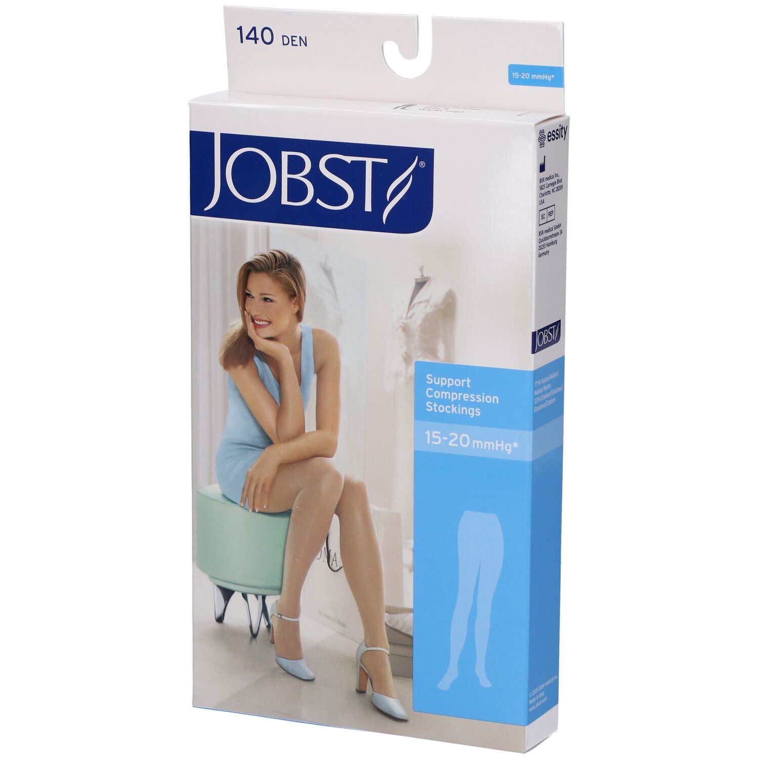 Confezione di JOBST Collant Velato 140D Sable. Donna seduta, indossa calze. 15-20 mmHg, 140 Den. Marchio e nome del prodotto visibili.