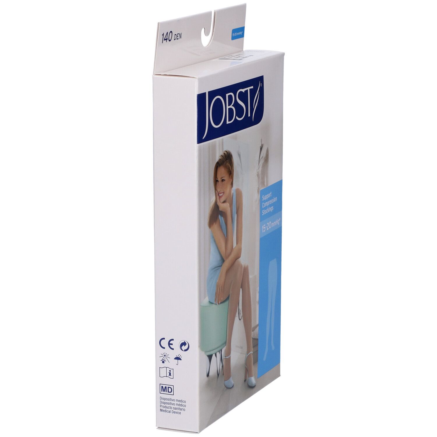 Vista laterale della confezione JOBST Collant Velato. Donna seduta, indossa calze. 15-20 mmHg. Marchio e nome del prodotto visibili.