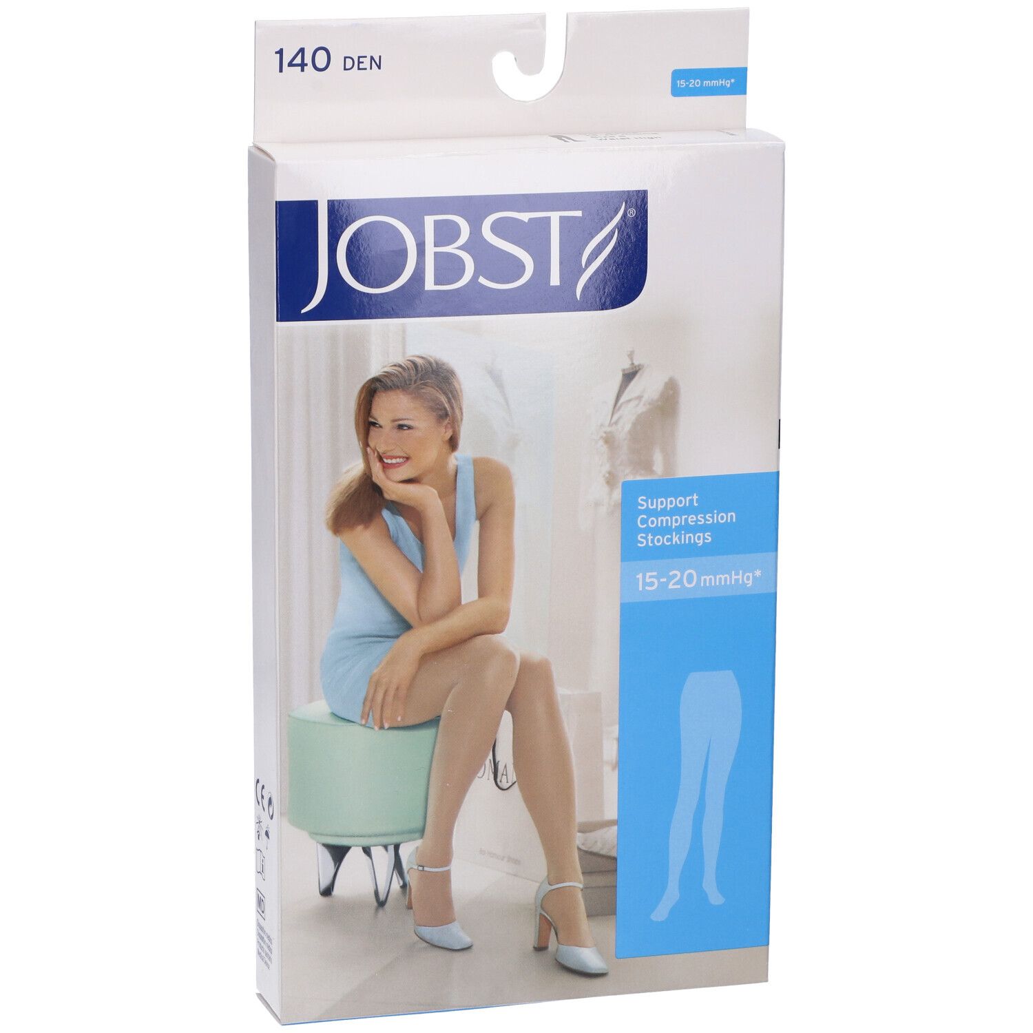 Confezione di JOBST Collant Velato 140D Sable. Donna seduta, indossa calze. 15-20 mmHg, 140 Den. Marchio e nome del prodotto visibili.