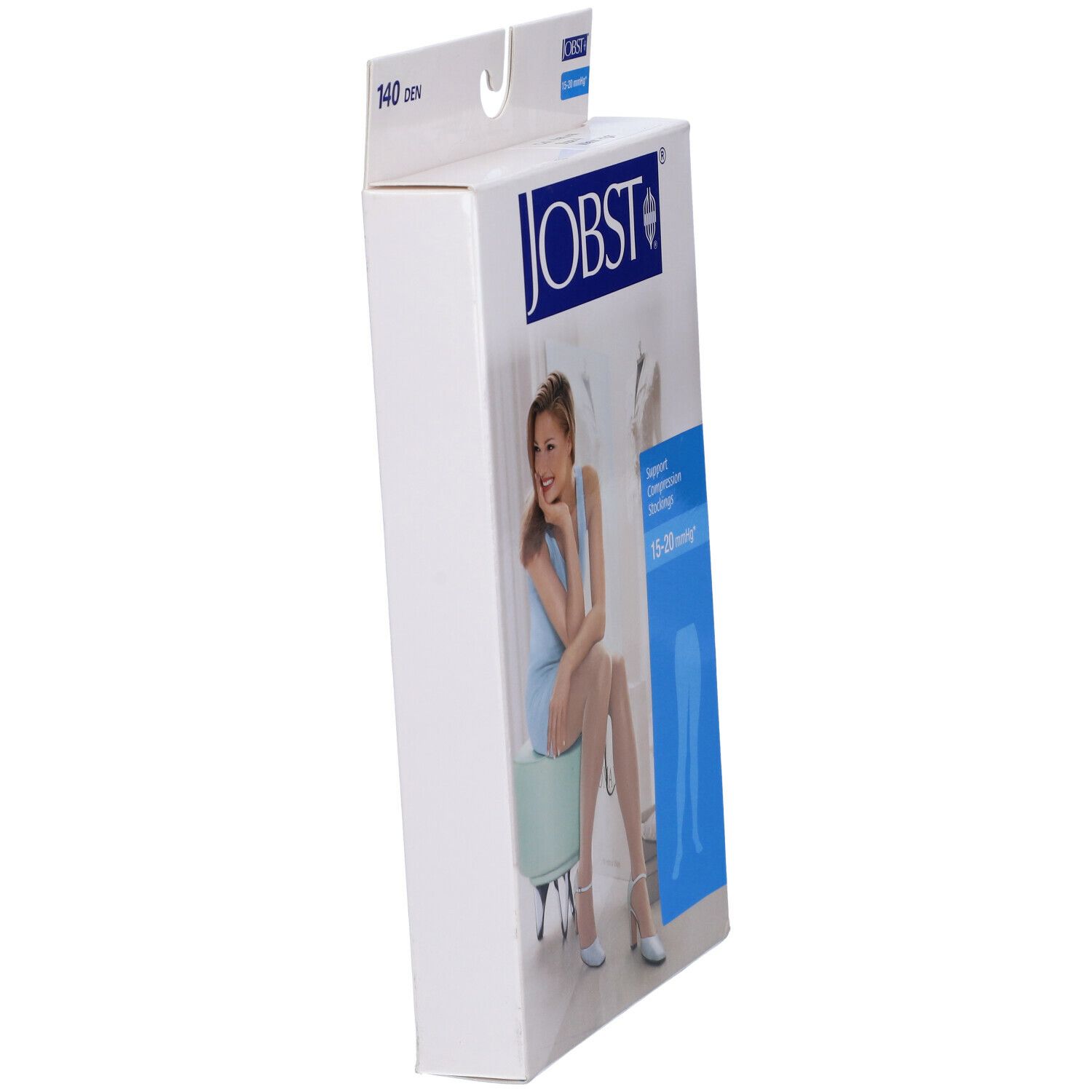 Confezione di JOBST Collant Velato 140D. Vista laterale. Testo: JOBST, 15-20 mmHg.