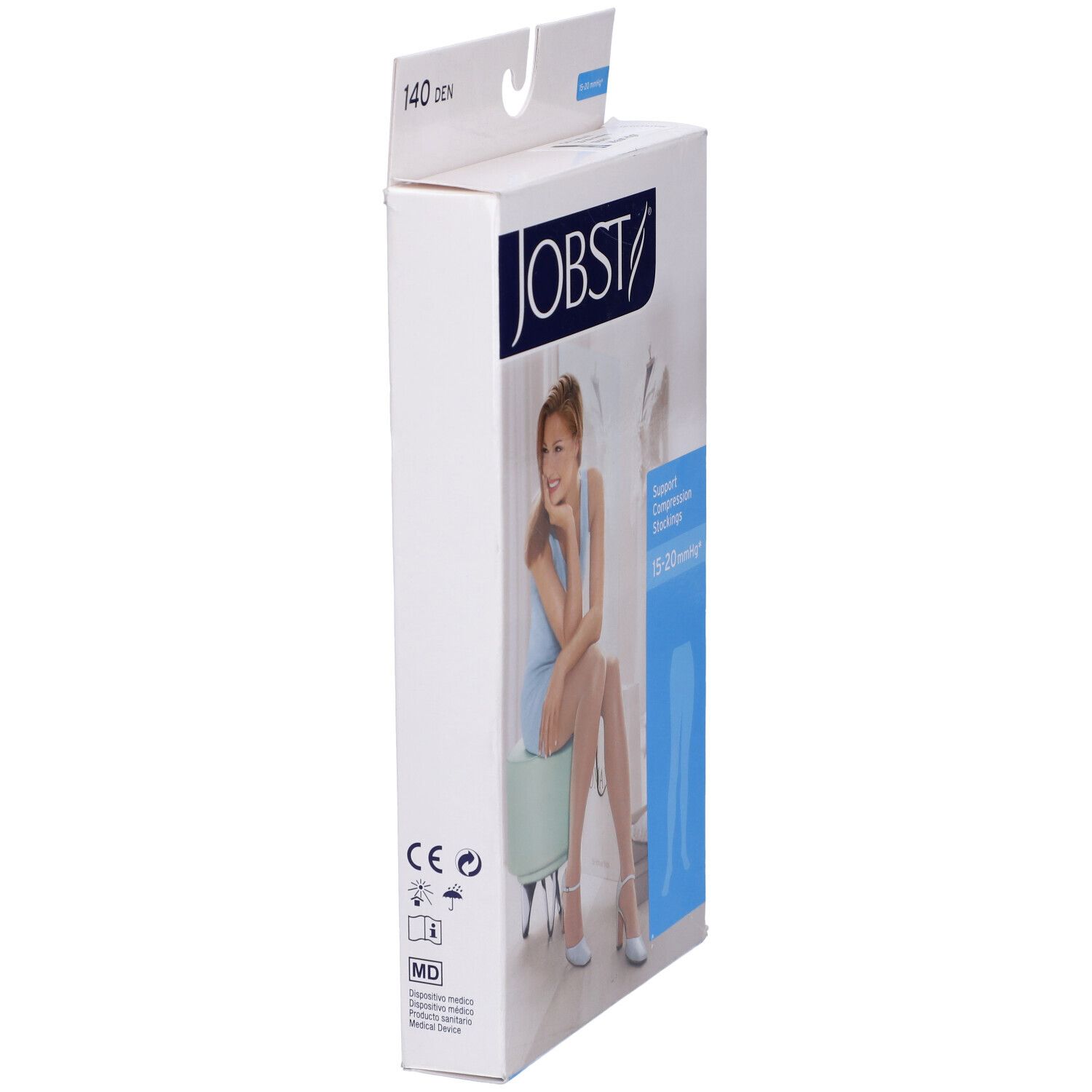 Vista laterale della confezione JOBST. Donna seduta su sgabello. 140 DEN, 15-20 mmHg.