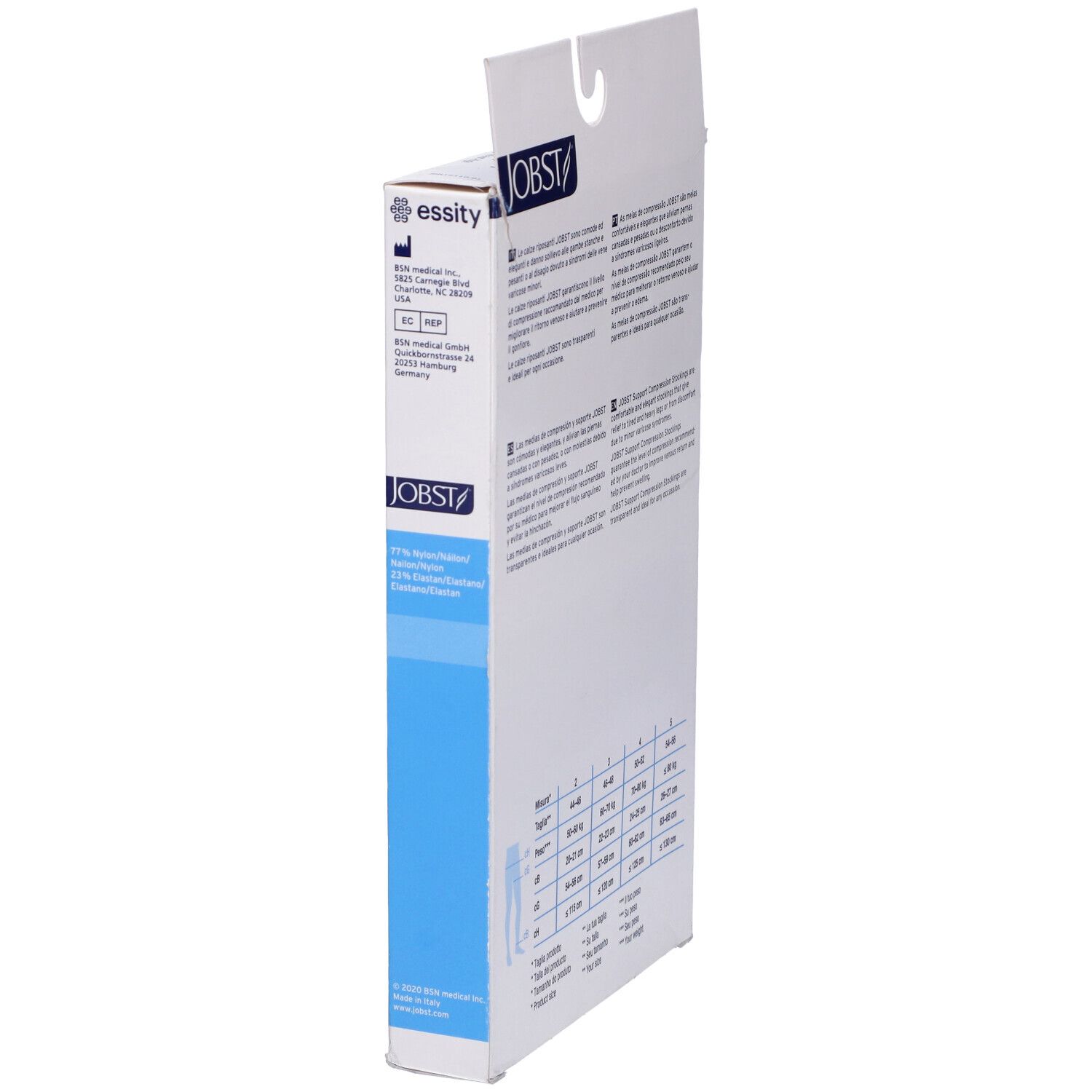 Vista laterale della confezione JOBST con testo e logo. Calze compressive.